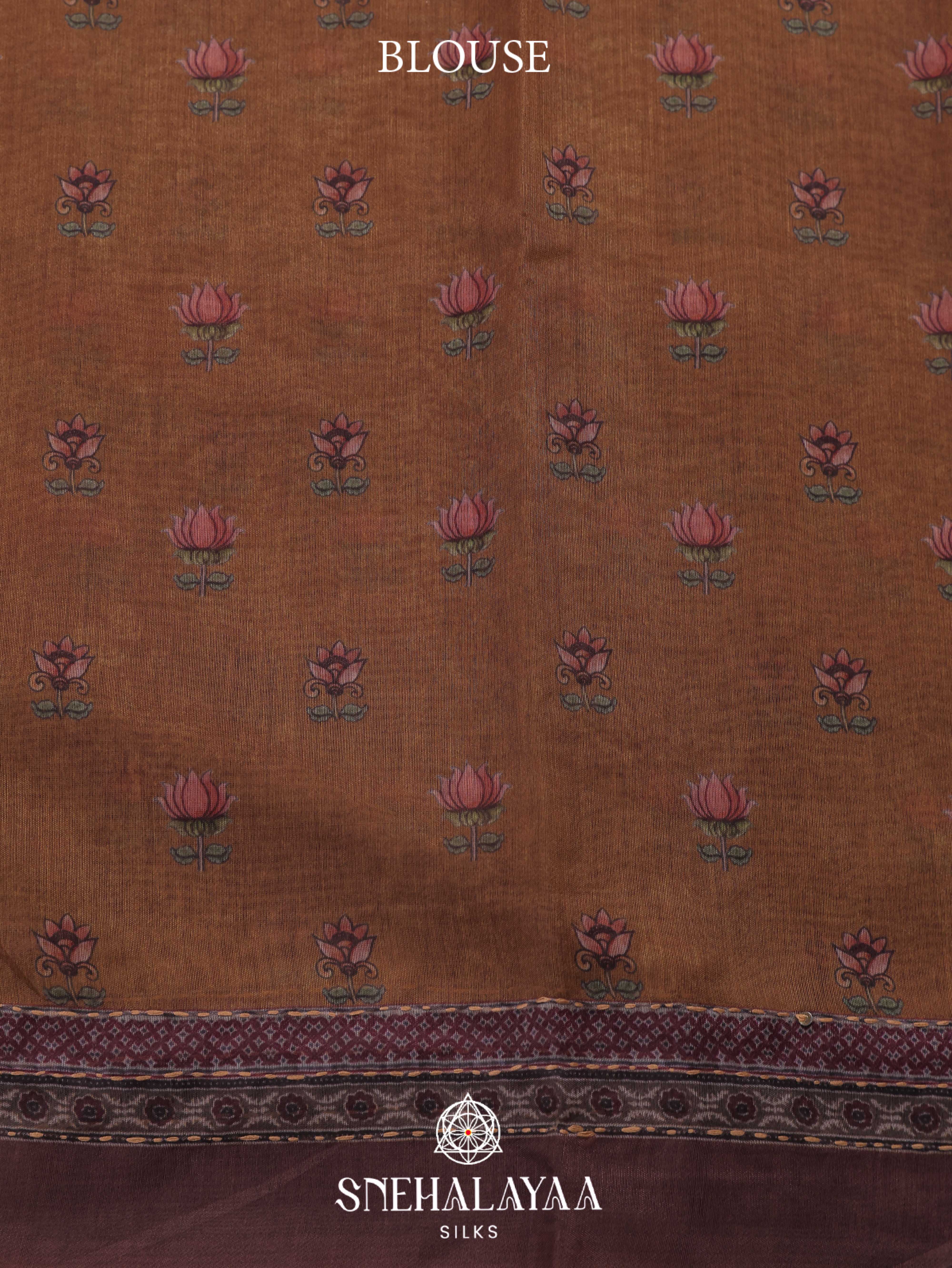 Brown Linen Embroidery Saree