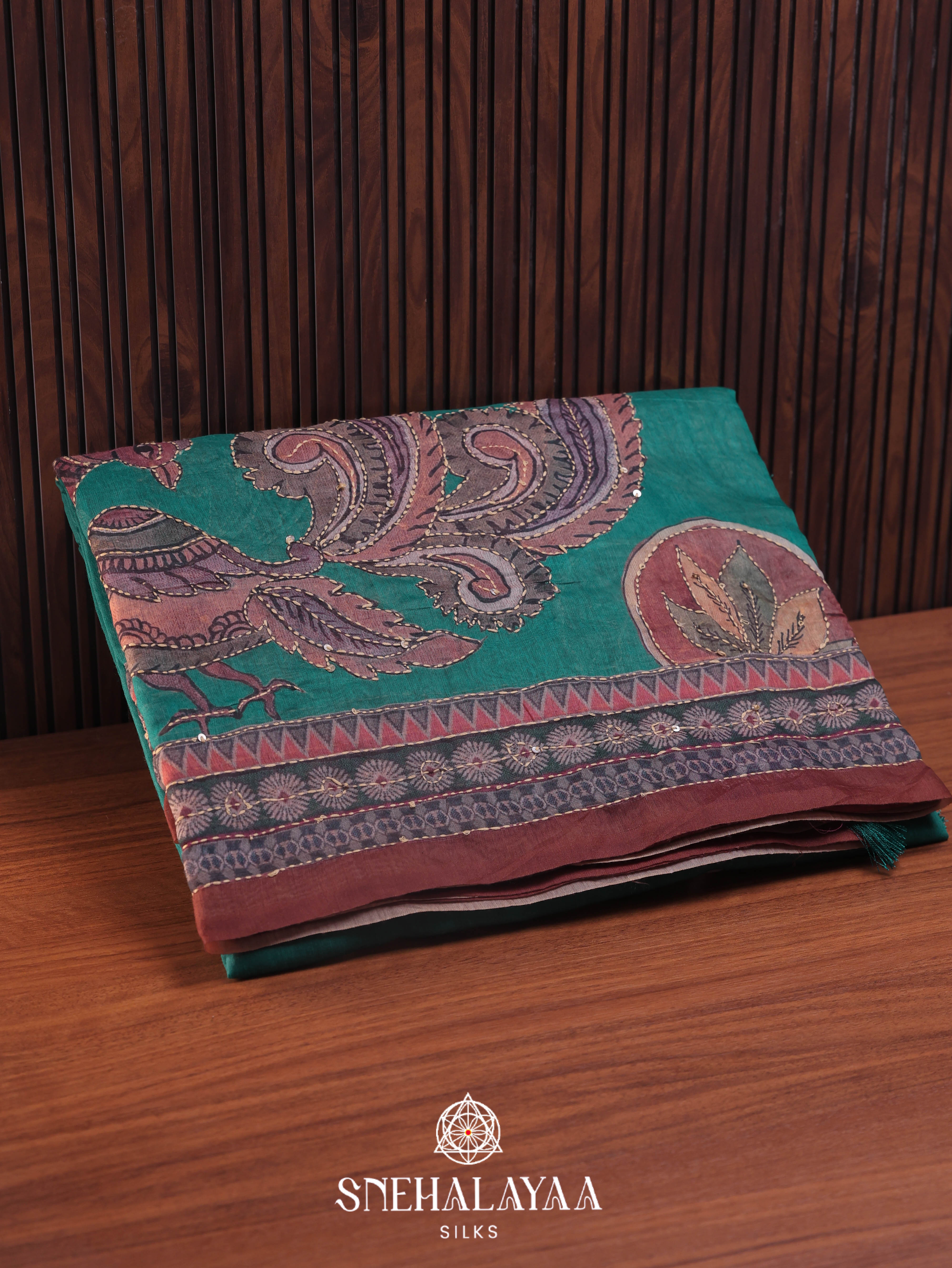 Sea Green Linen Embroidery Saree
