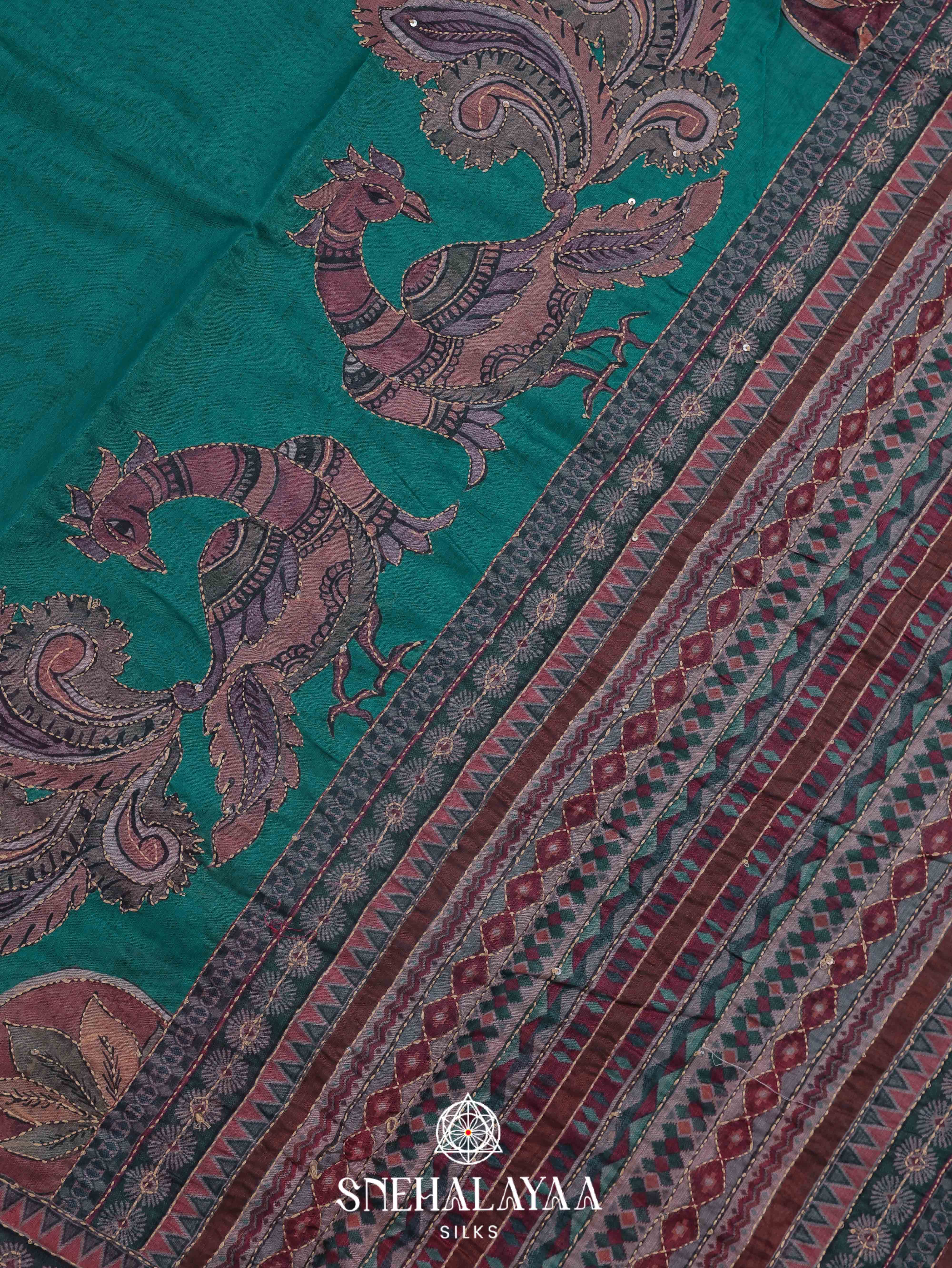 Sea Green Linen Embroidery Saree