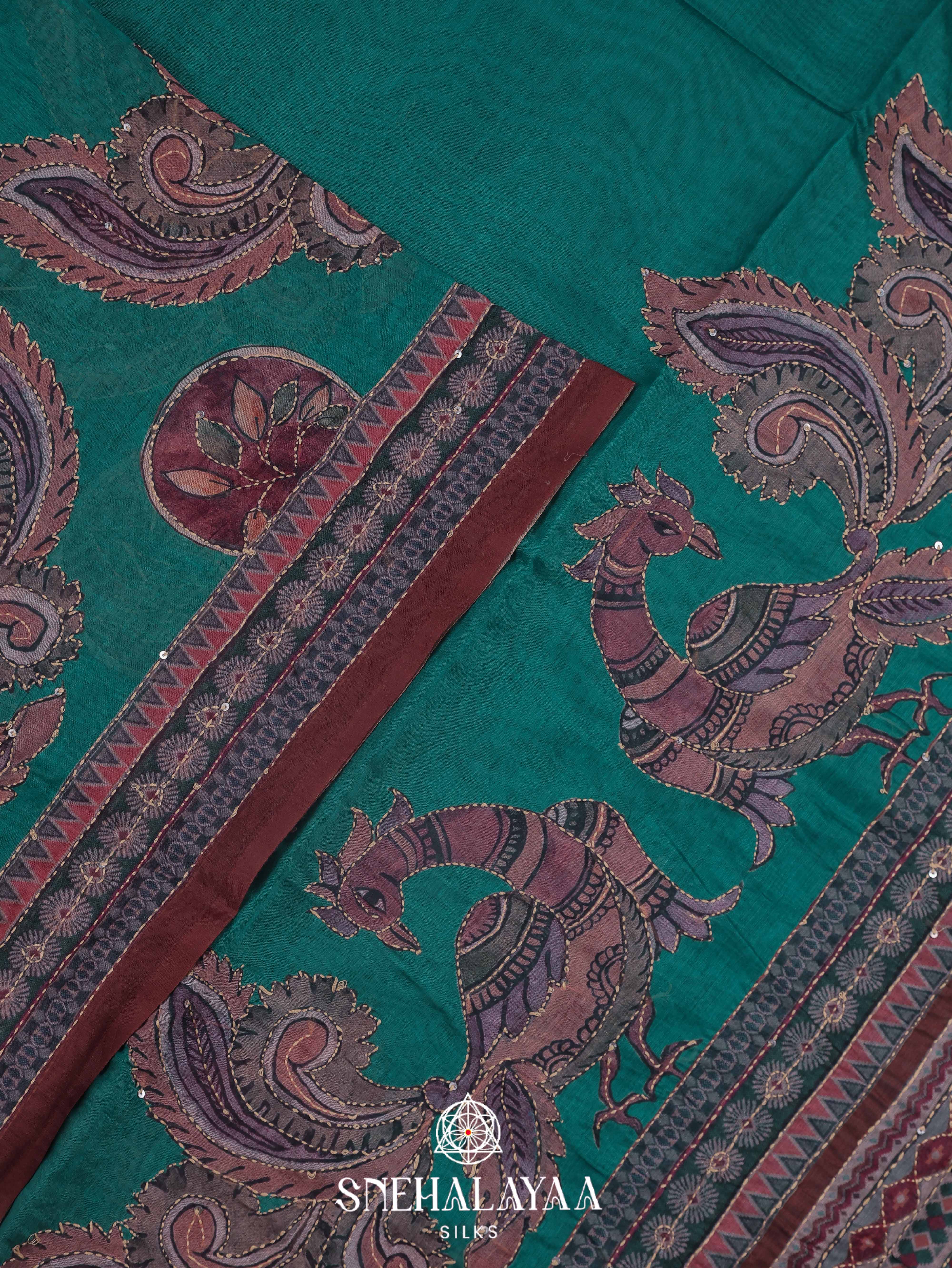 Sea Green Linen Embroidery Saree