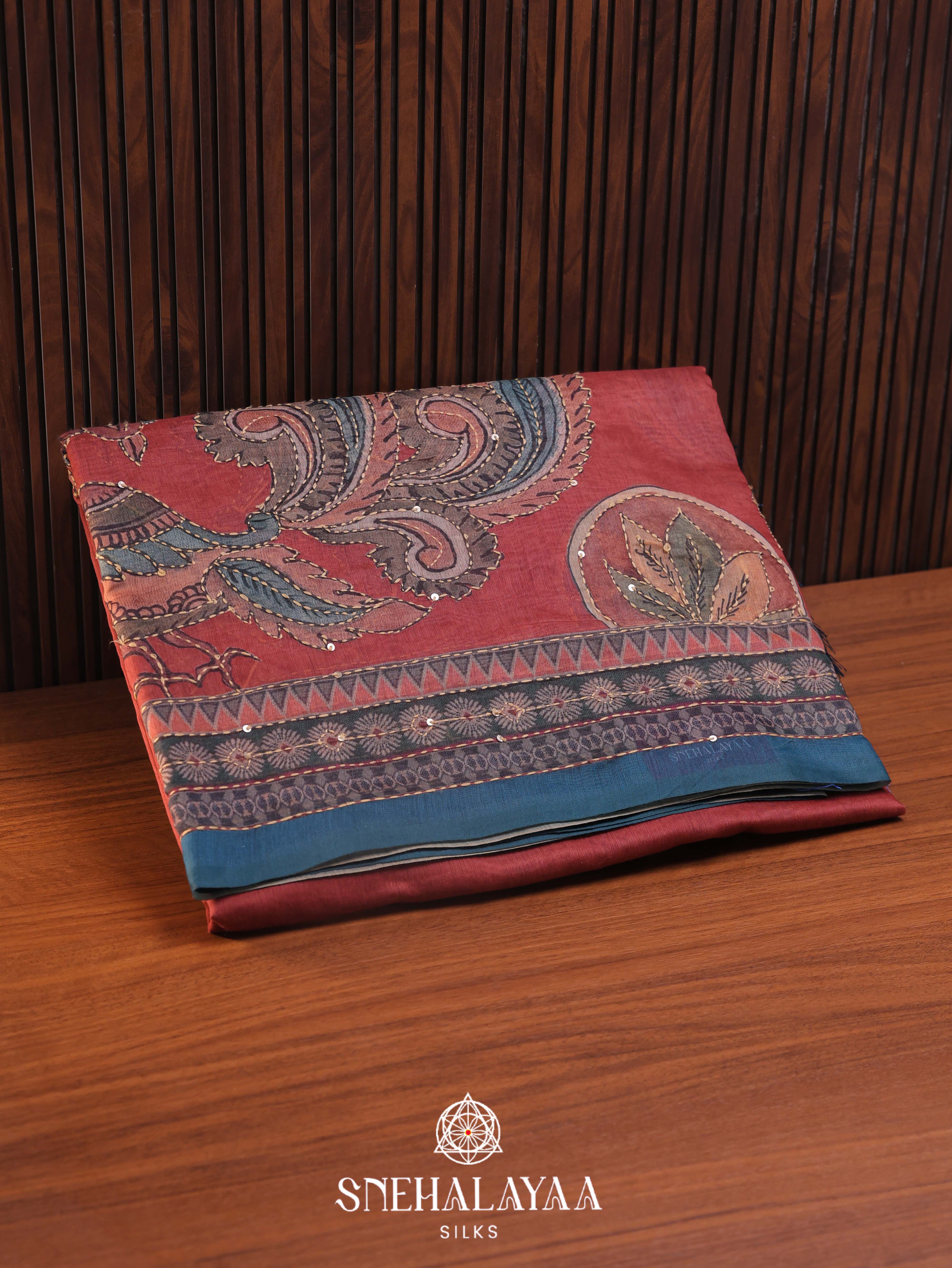 Red Linen Embroidery Saree