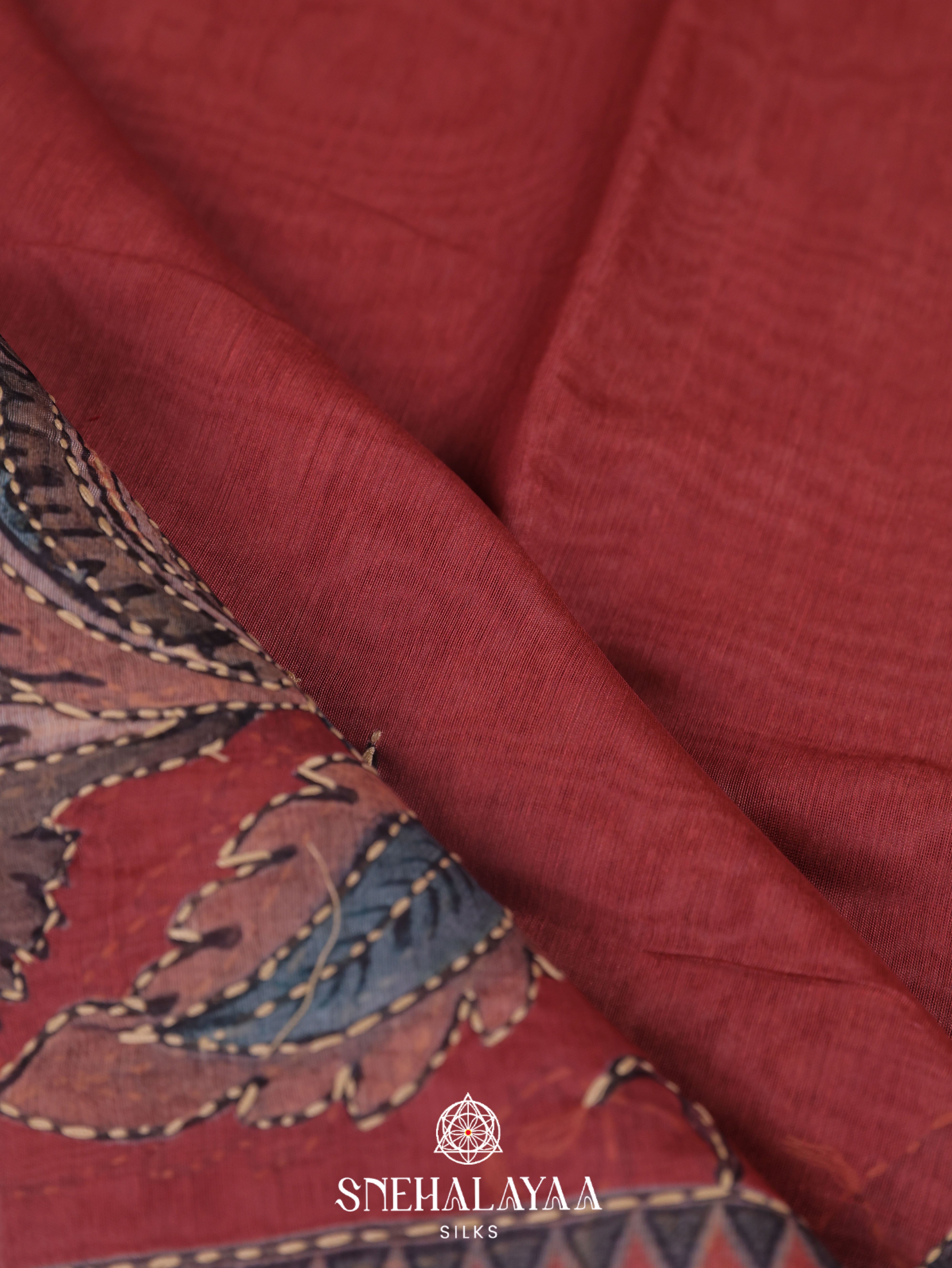 Red Linen Embroidery Saree