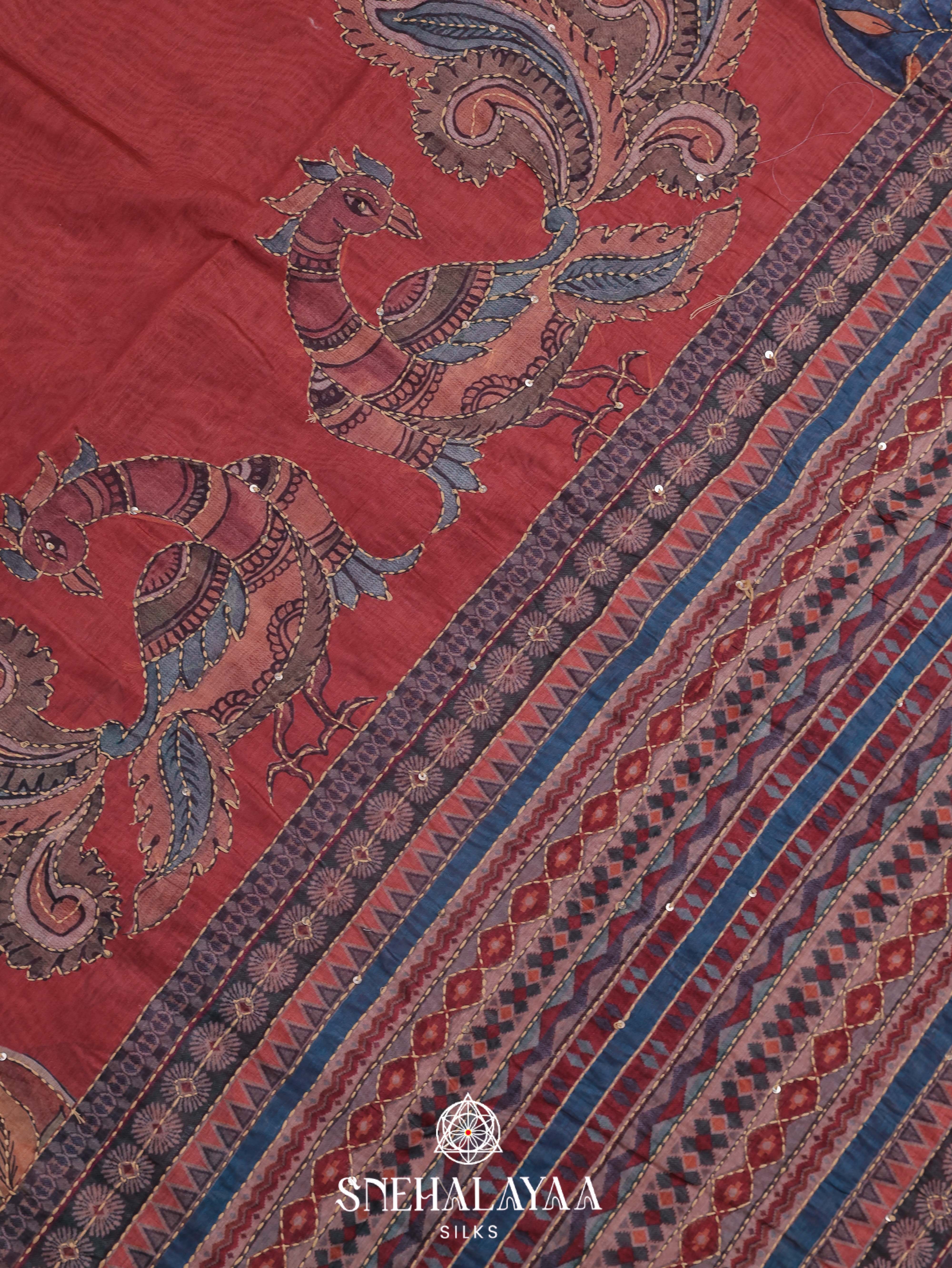Red Linen Embroidery Saree