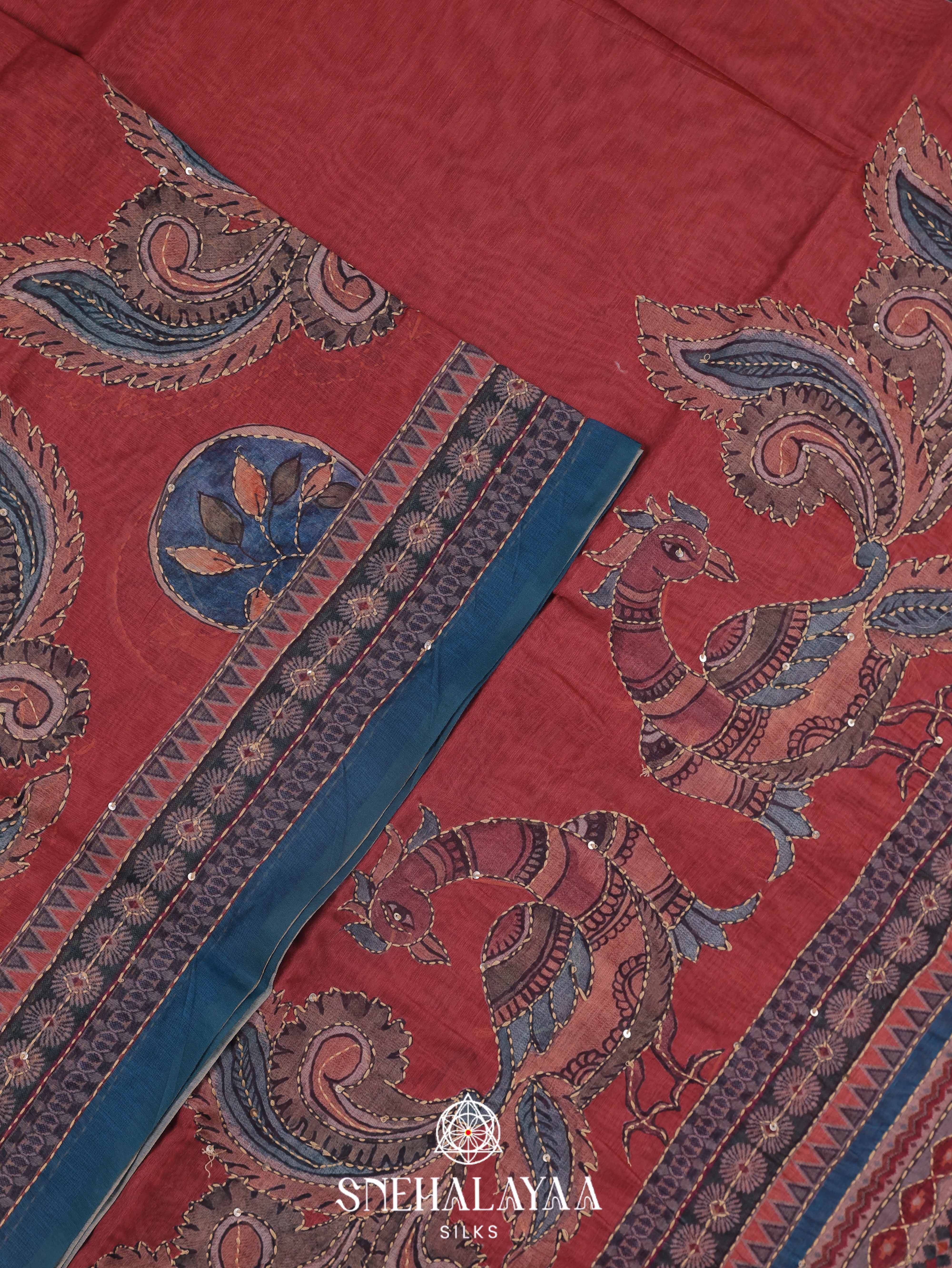 Red Linen Embroidery Saree