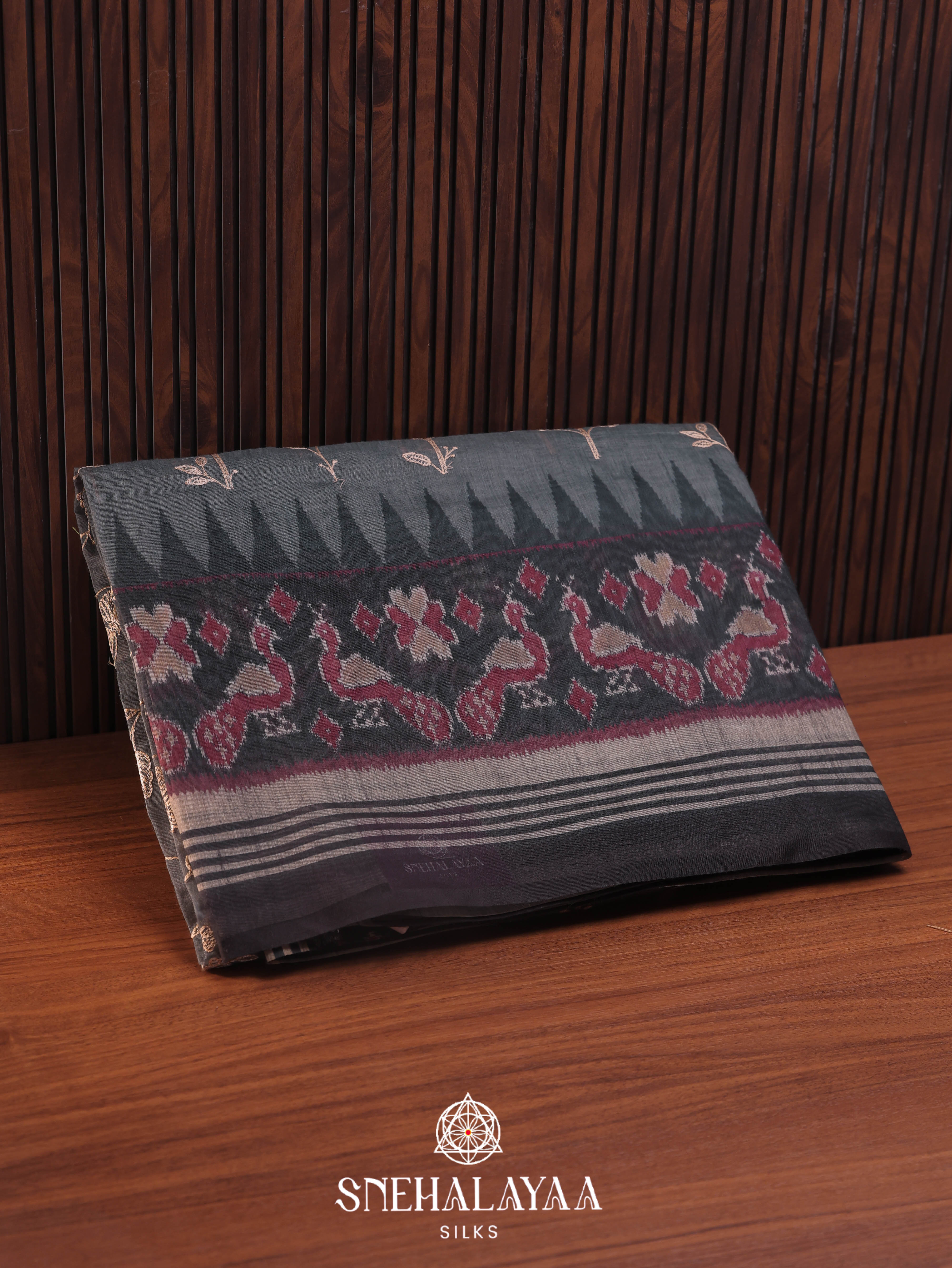 Grey  Linen Embroidery Saree