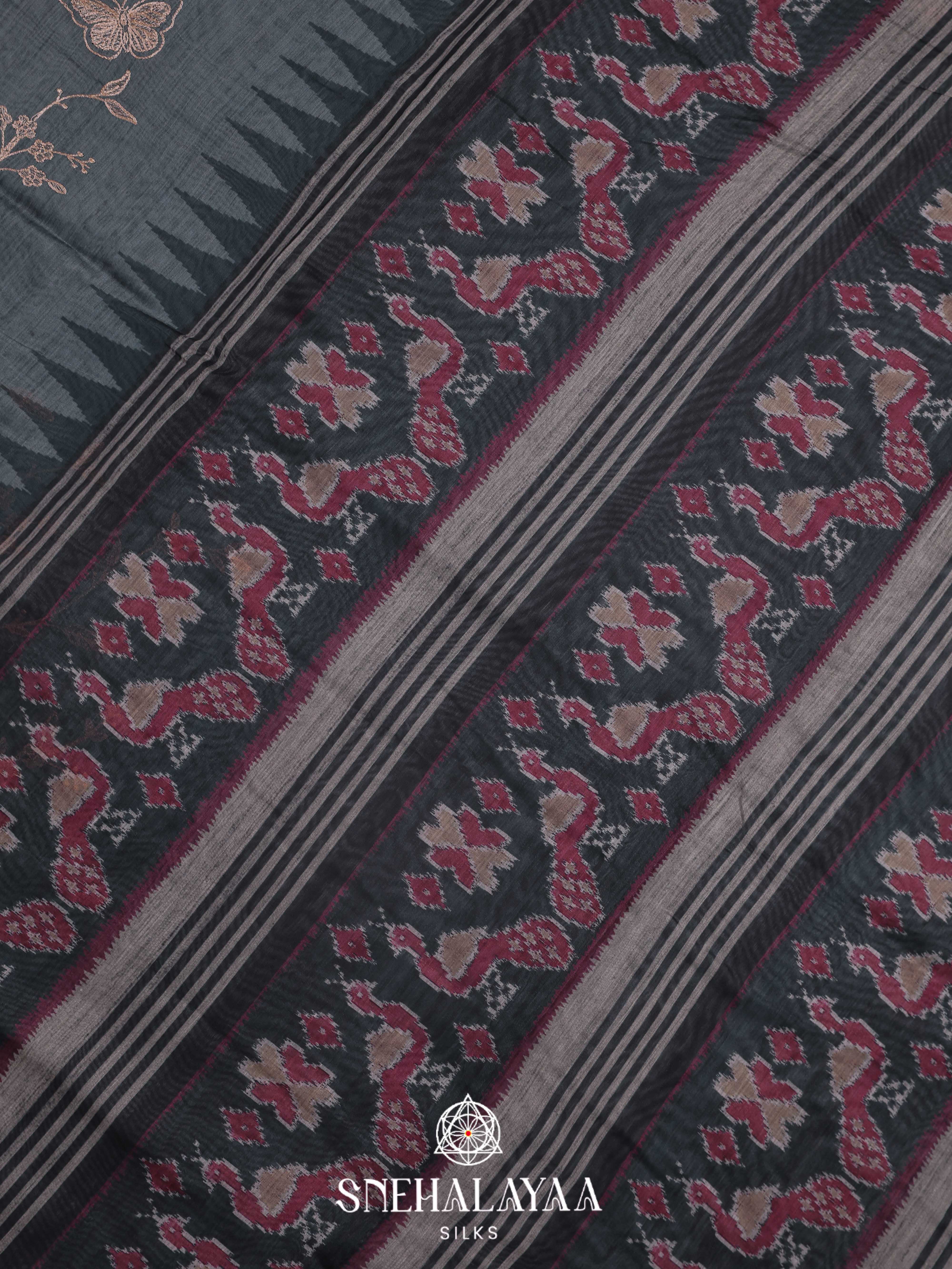Grey  Linen Embroidery Saree