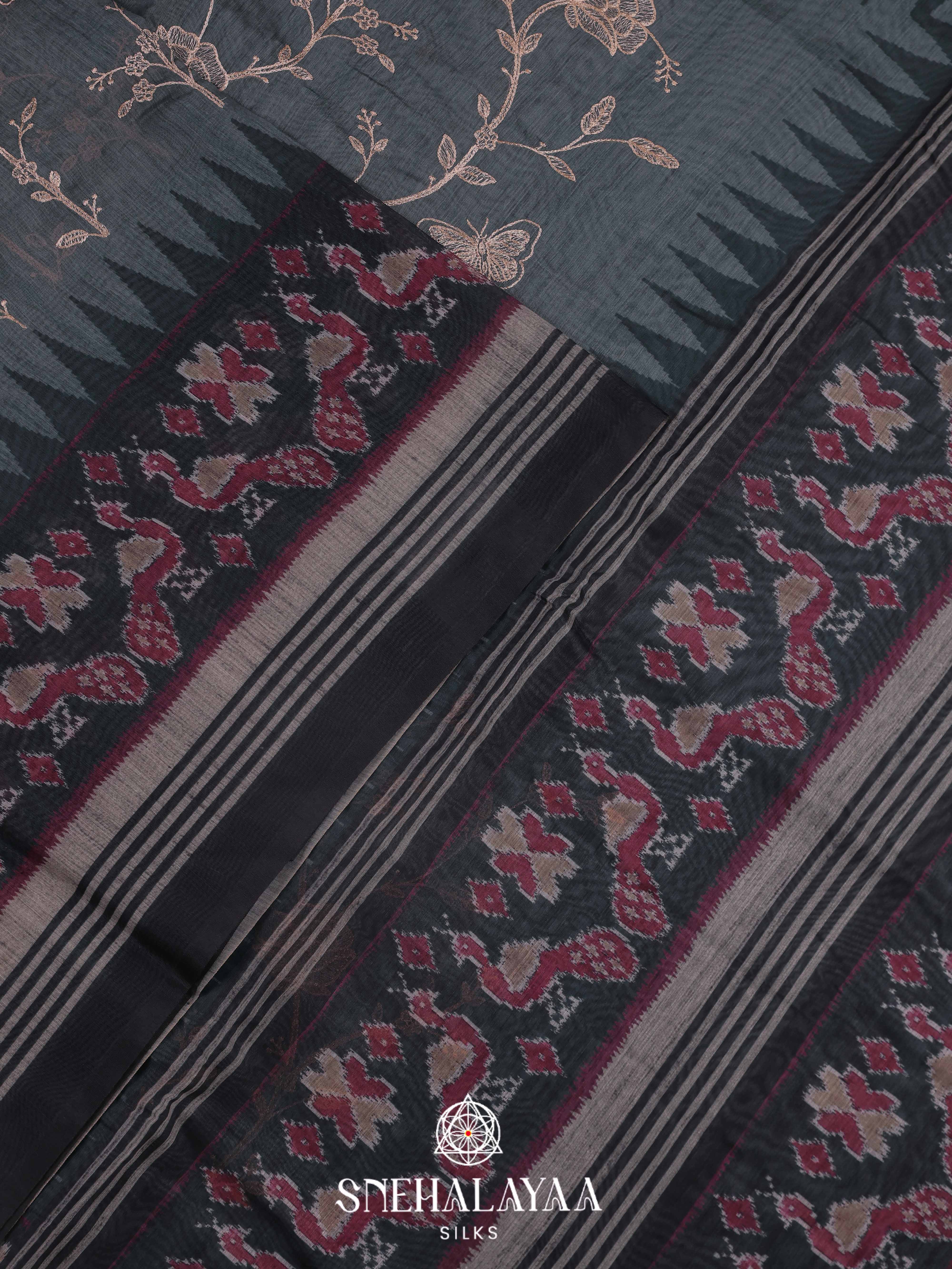 Grey  Linen Embroidery Saree