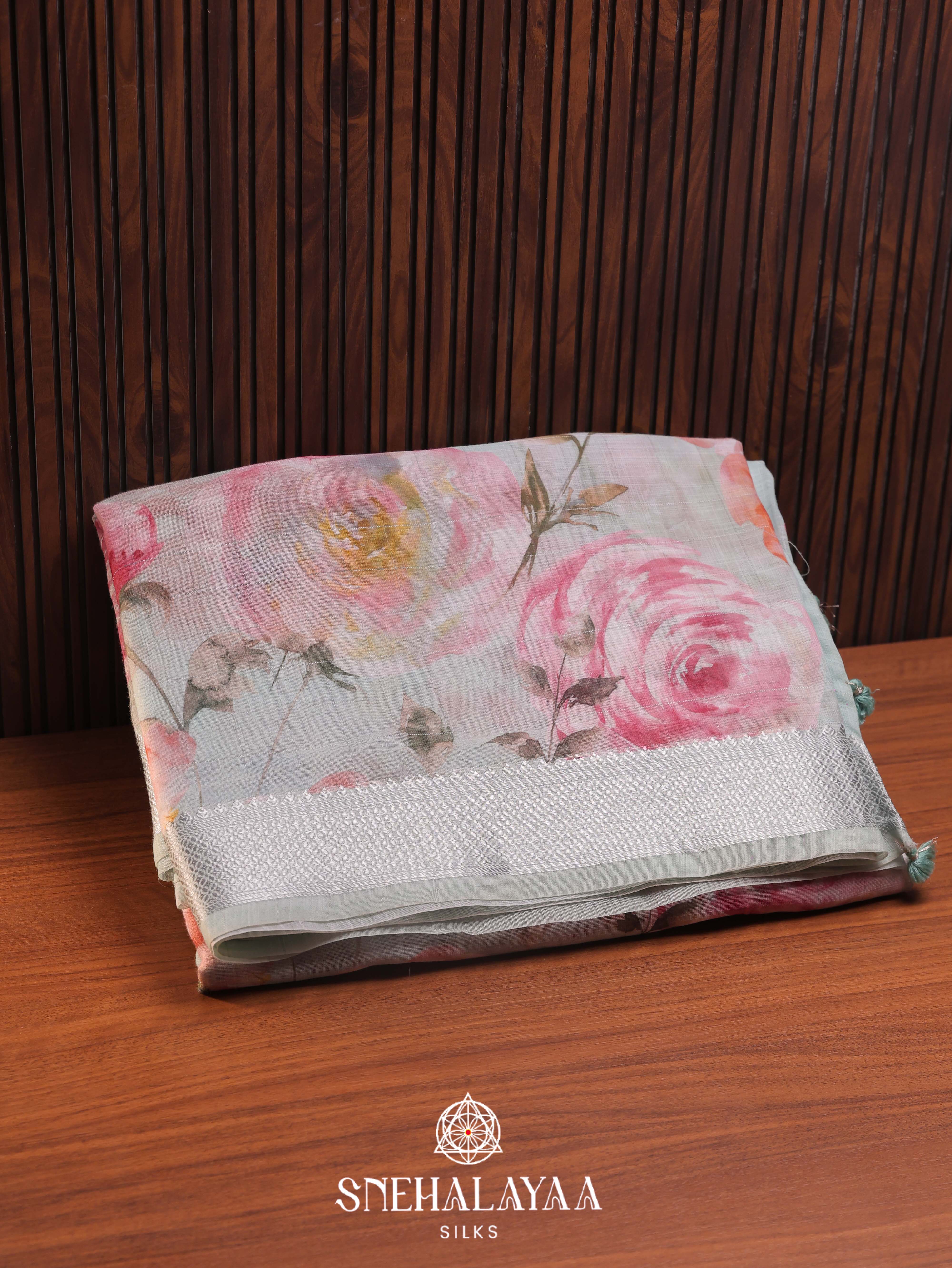 Pale Blue Printed Linen Saree