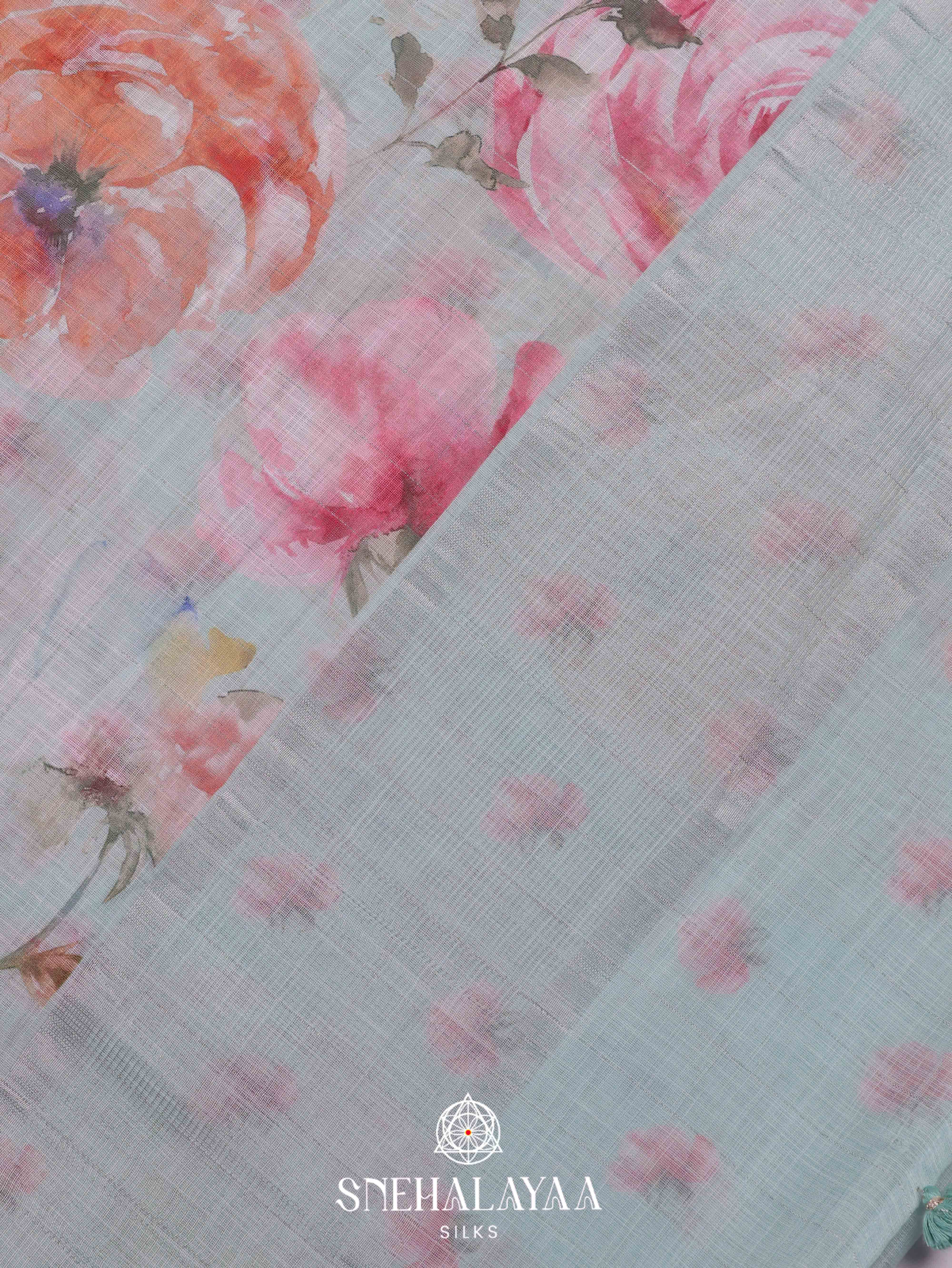 Pale Blue Printed Linen Saree
