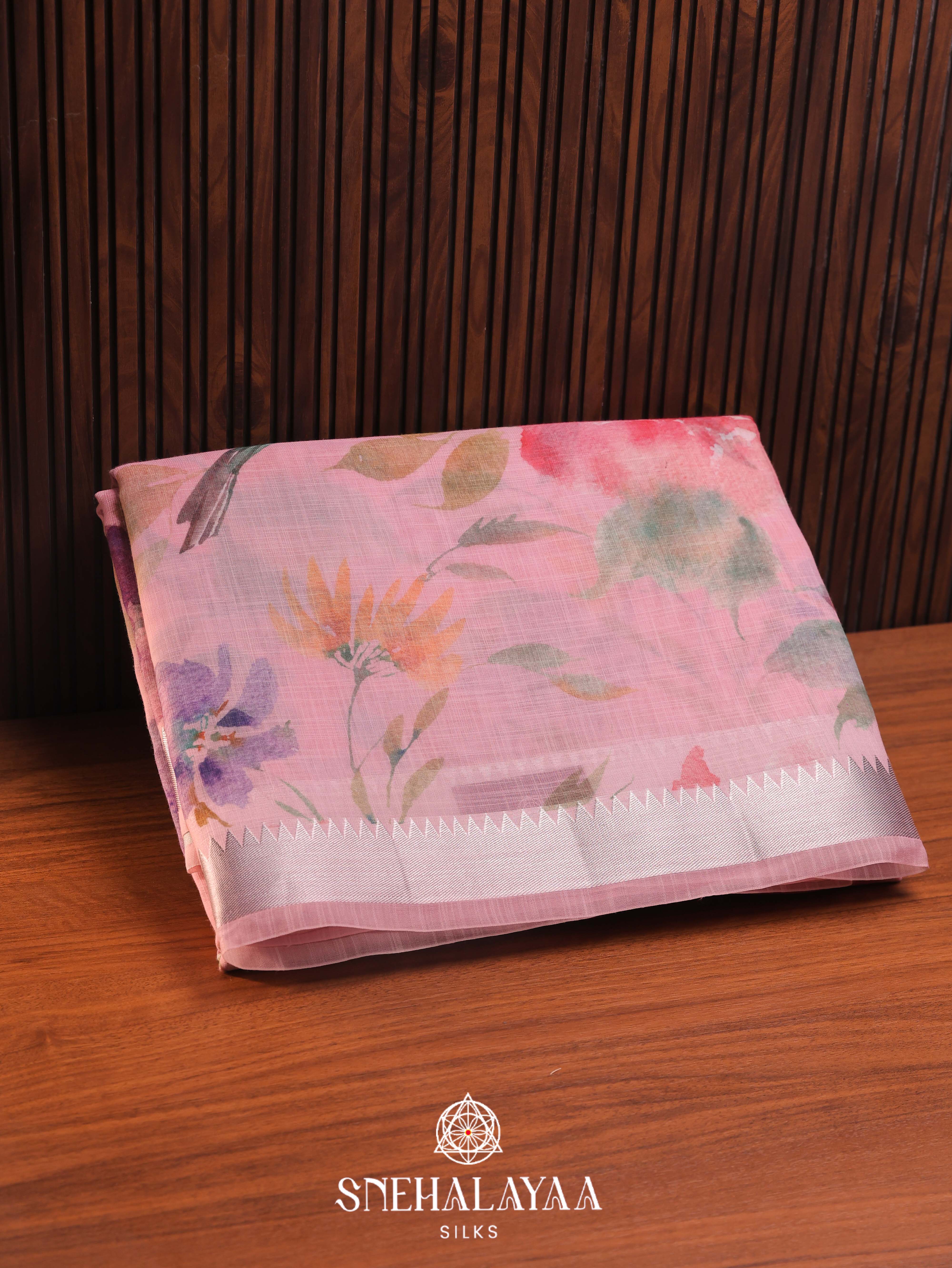Pink Printed Linen Saree