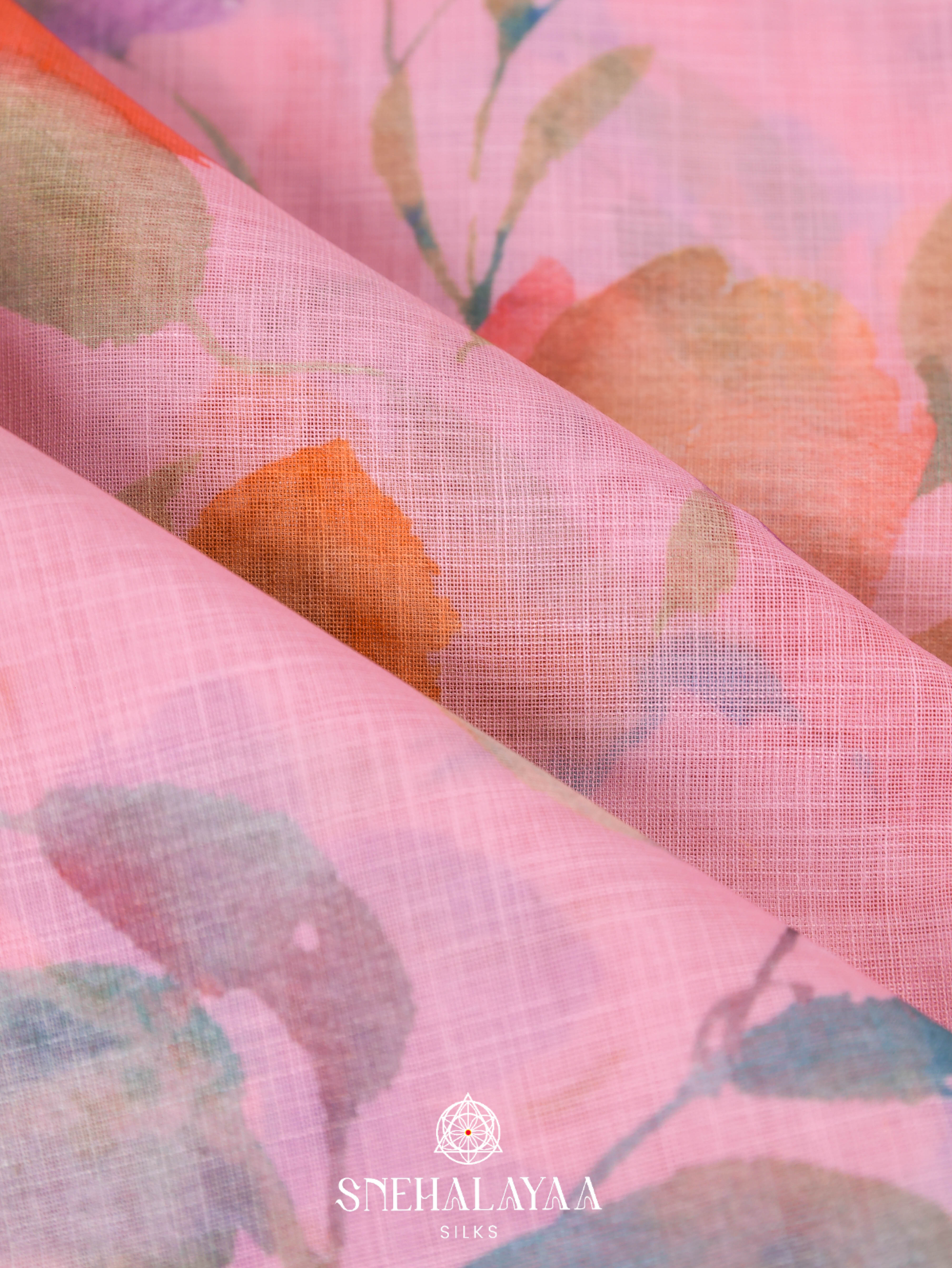 Pink Printed Linen Saree
