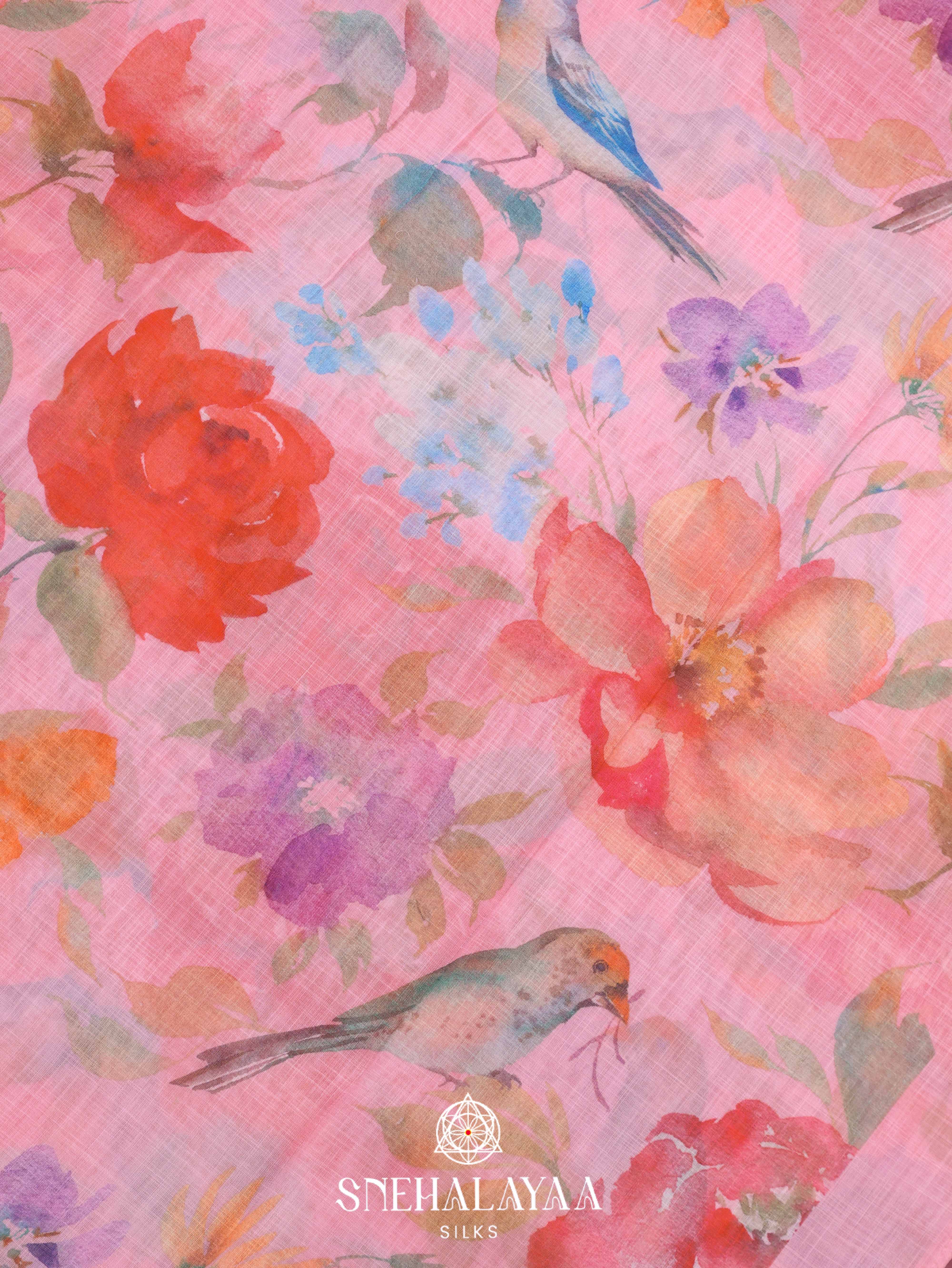 Pink Printed Linen Saree