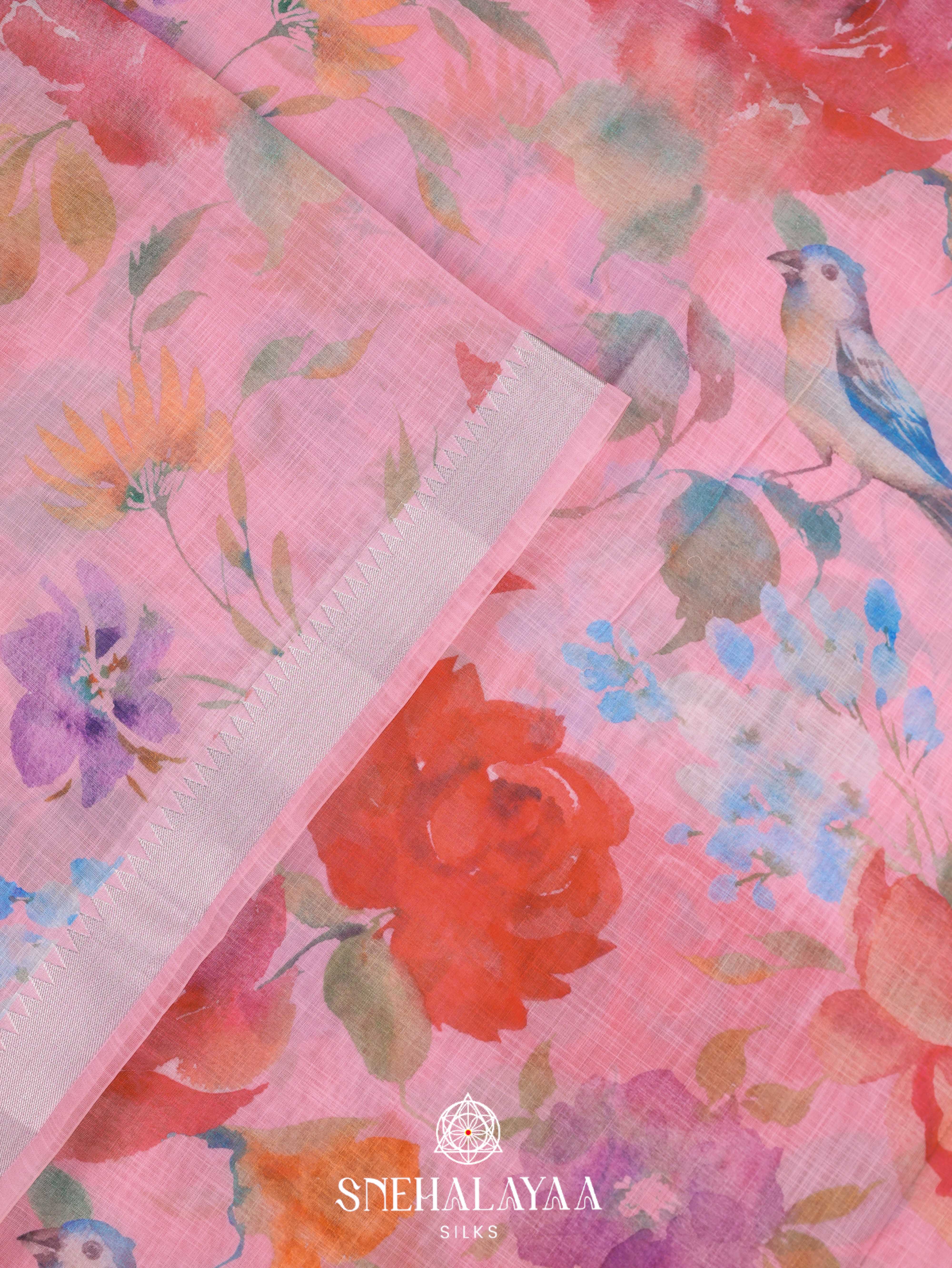 Pink Printed Linen Saree