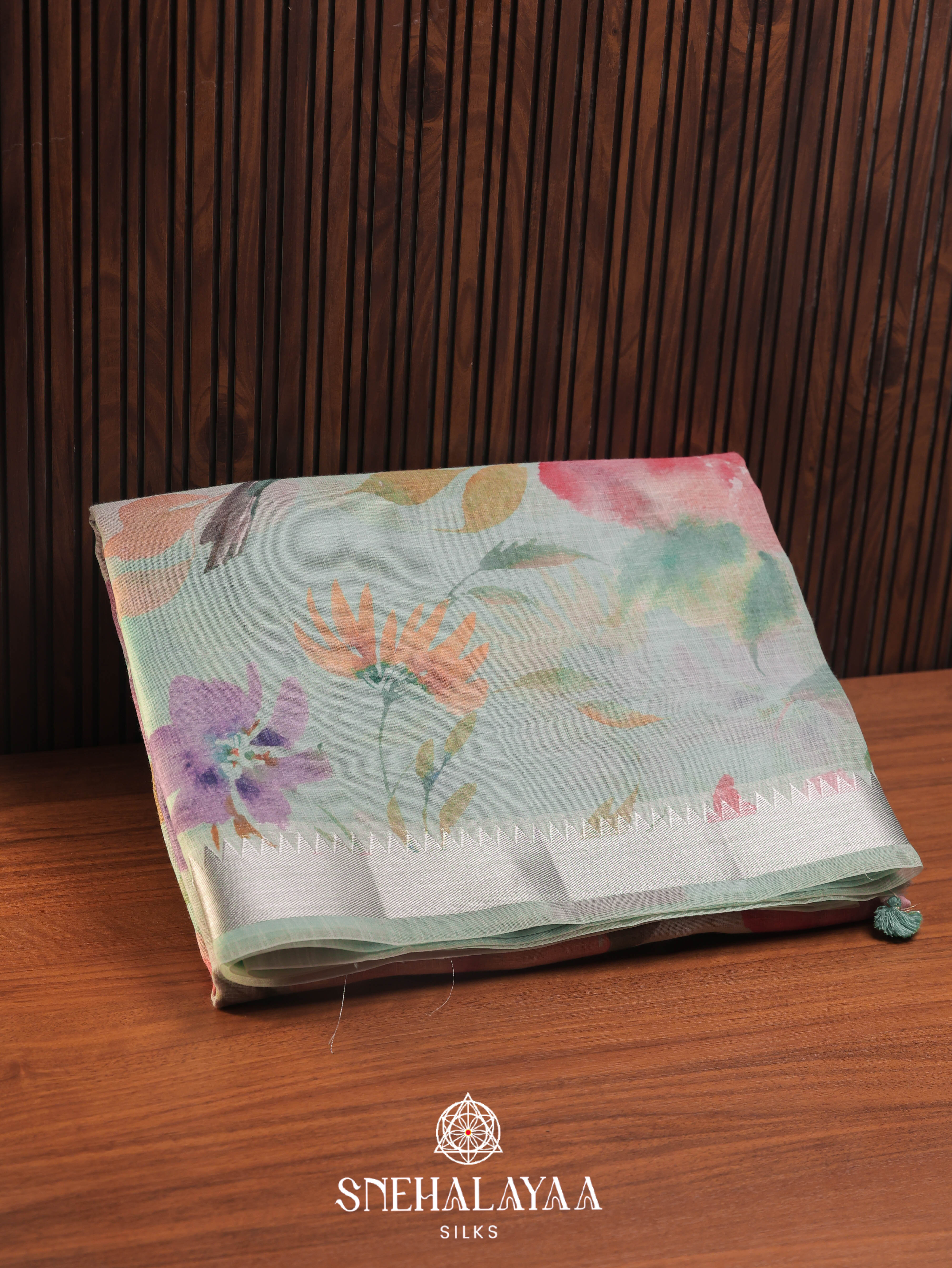 Mint Blue Printed Linen Saree