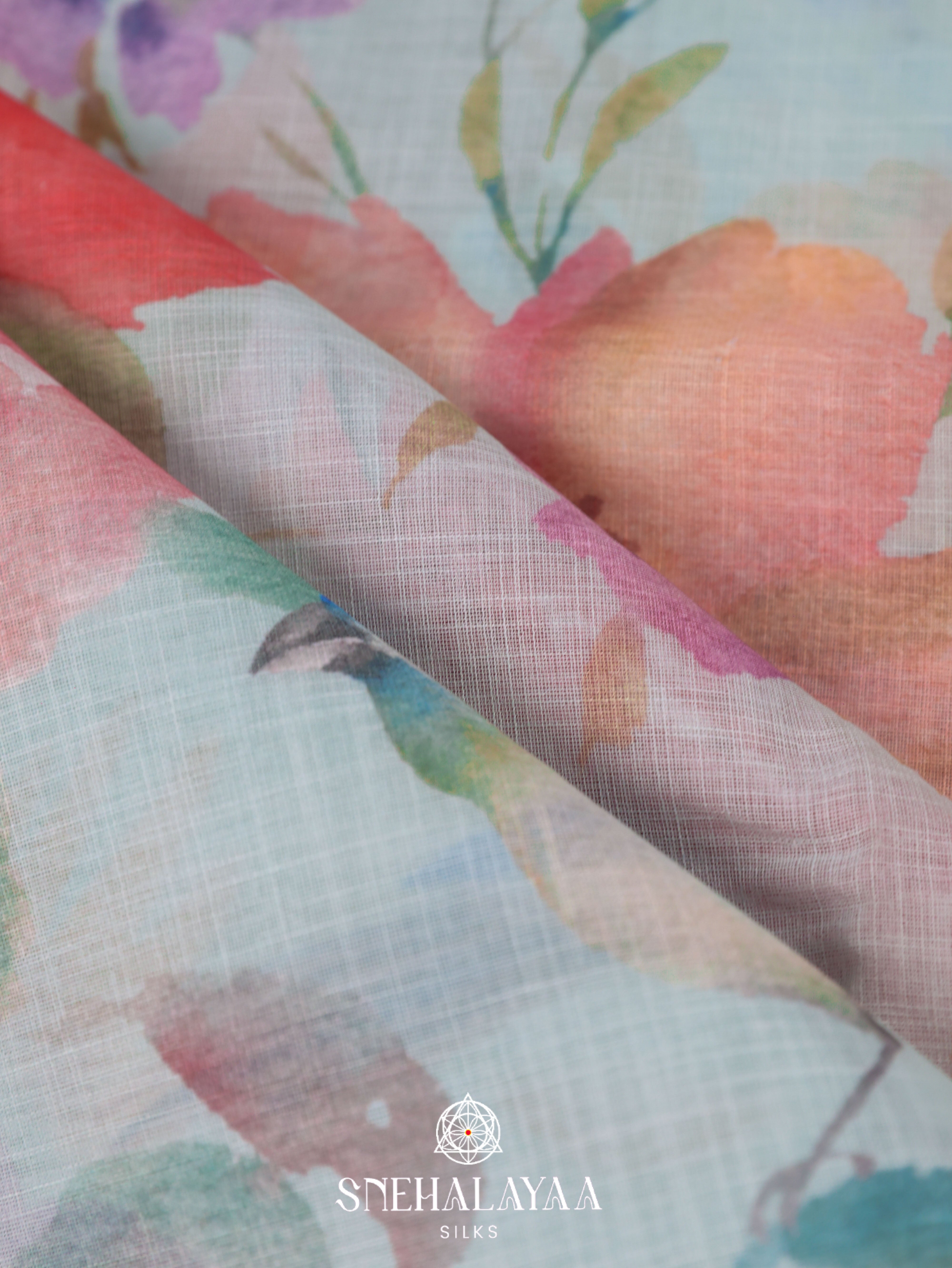 Mint Blue Printed Linen Saree