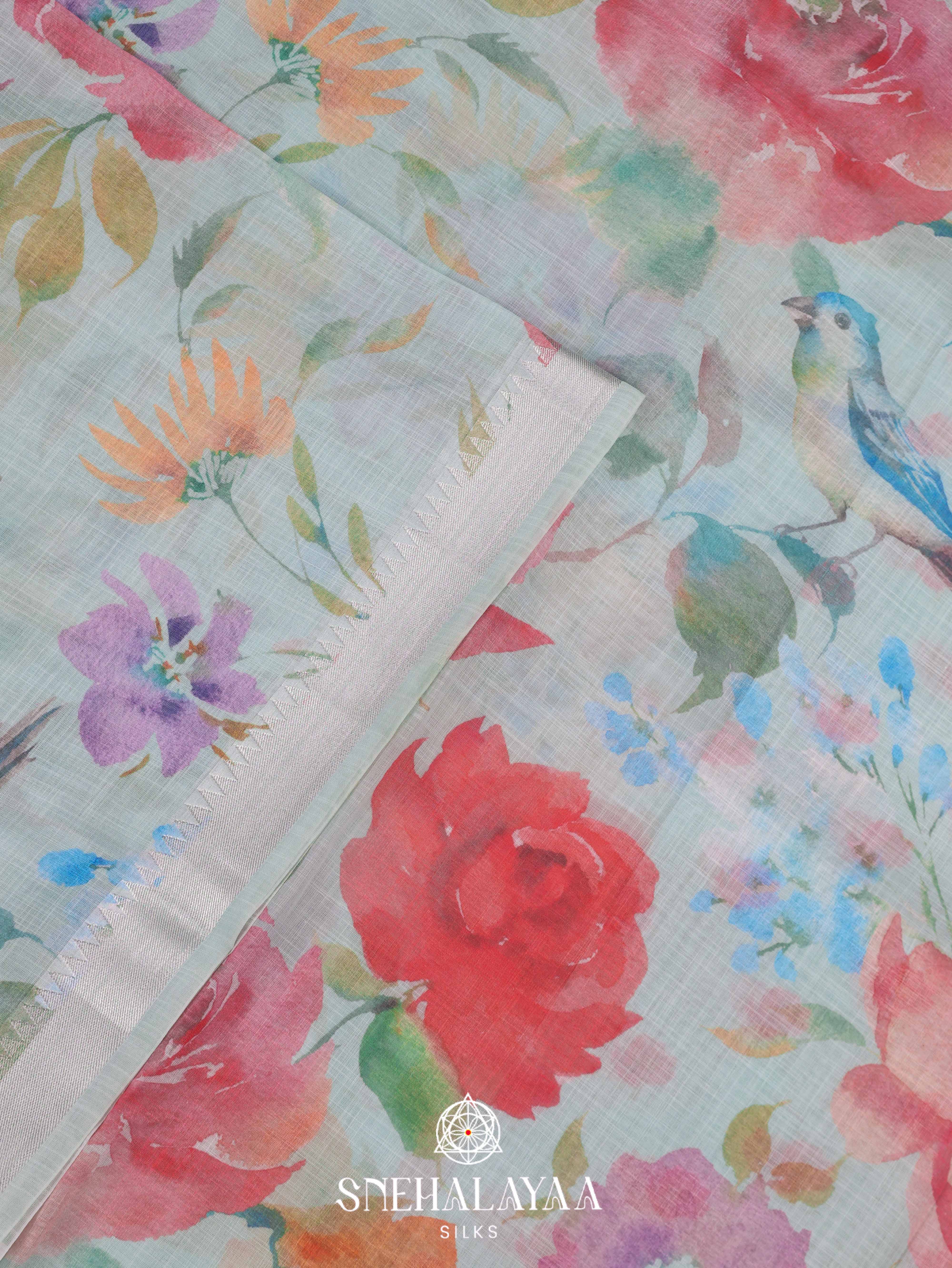 Mint Blue Printed Linen Saree
