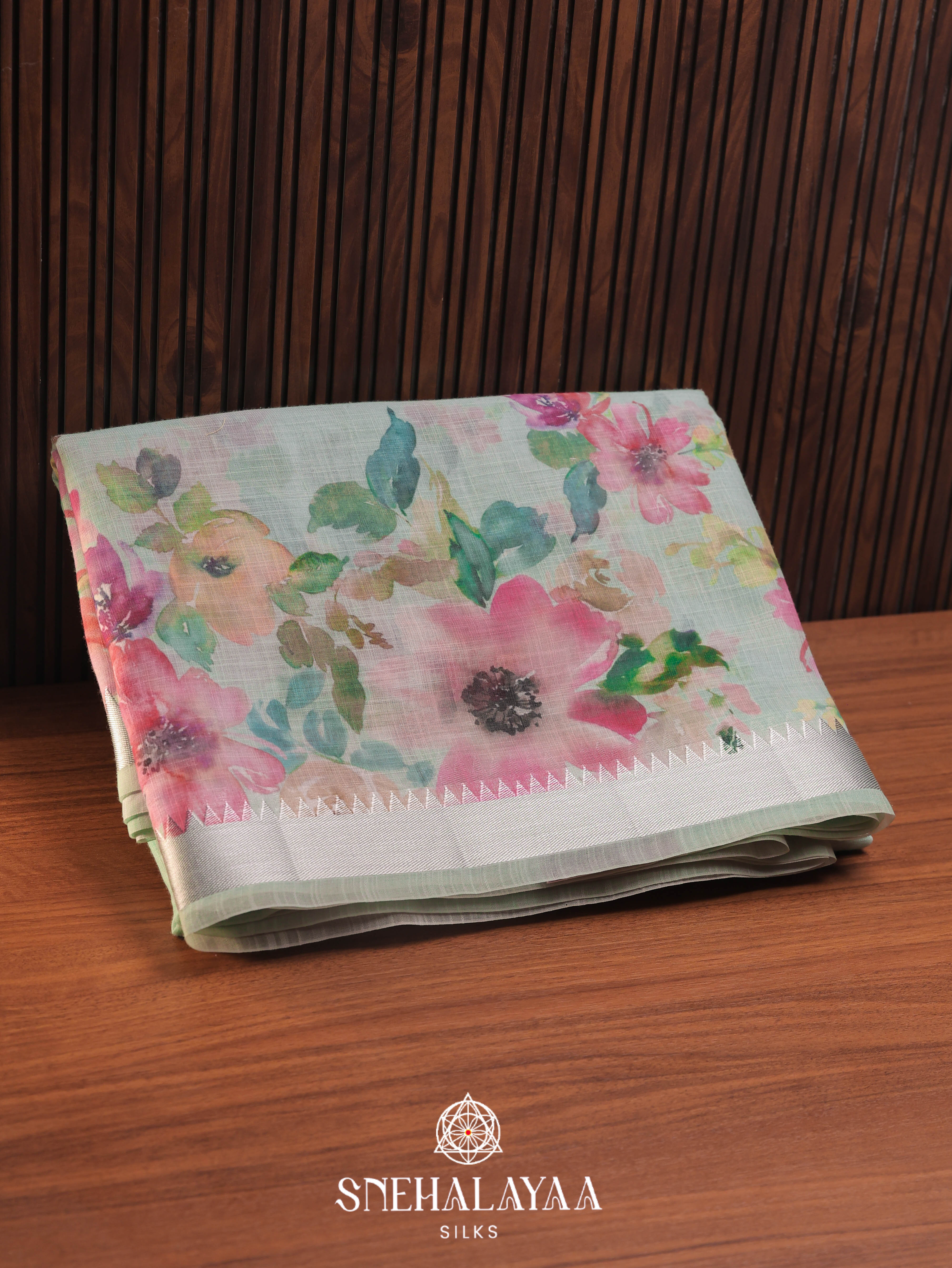 Mint Blue Printed Linen Saree