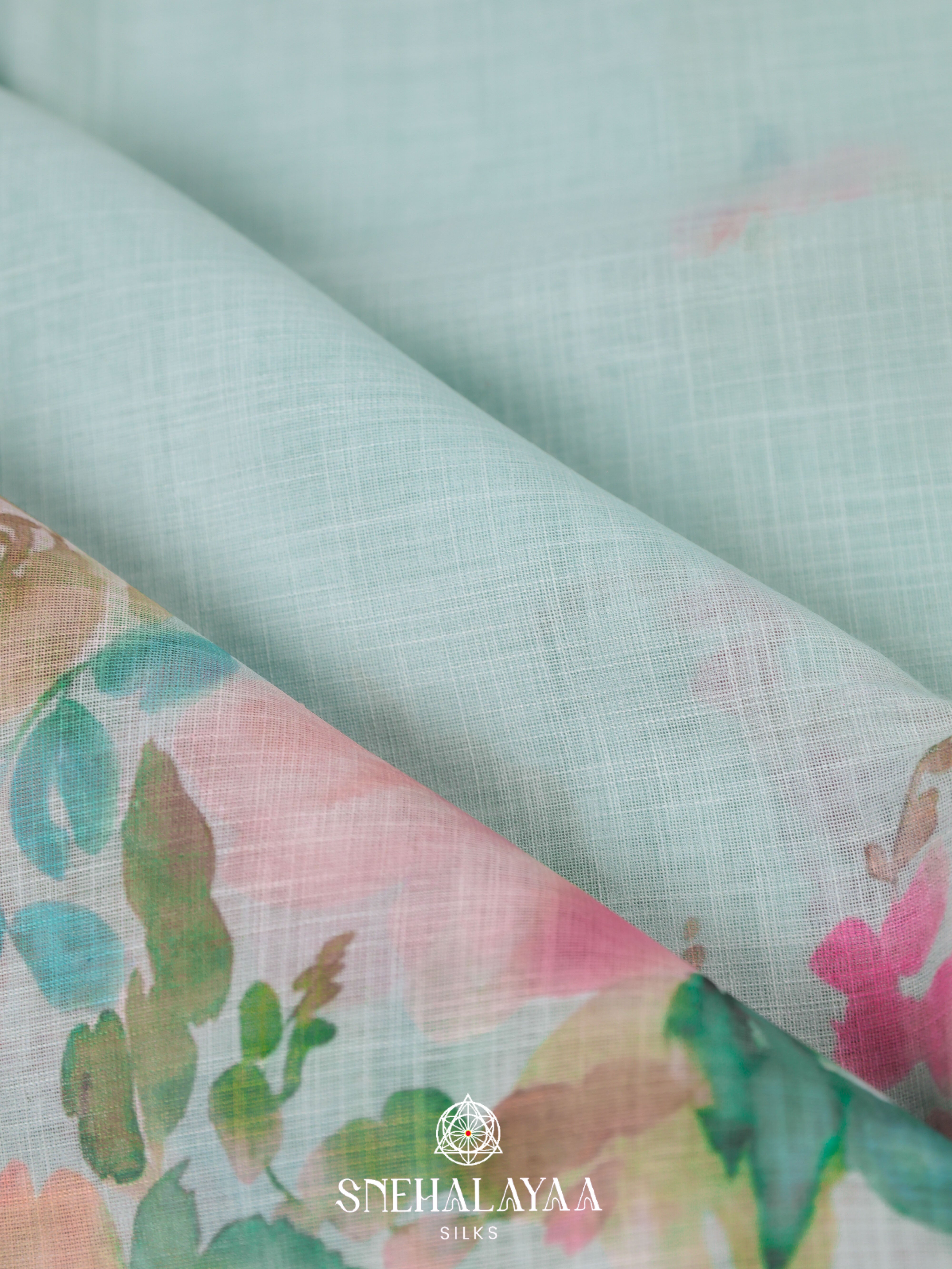 Mint Blue Printed Linen Saree