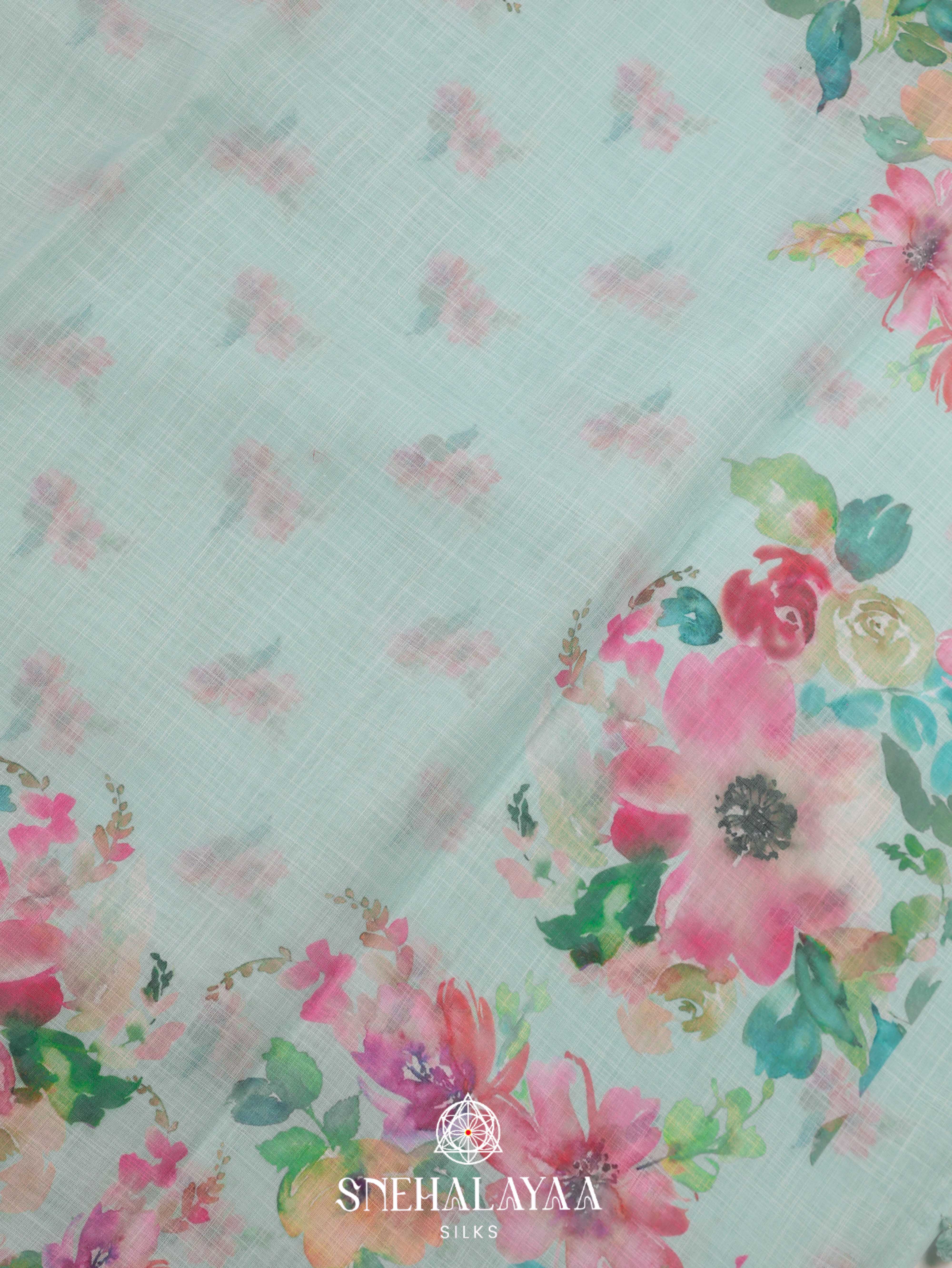 Mint Blue Printed Linen Saree