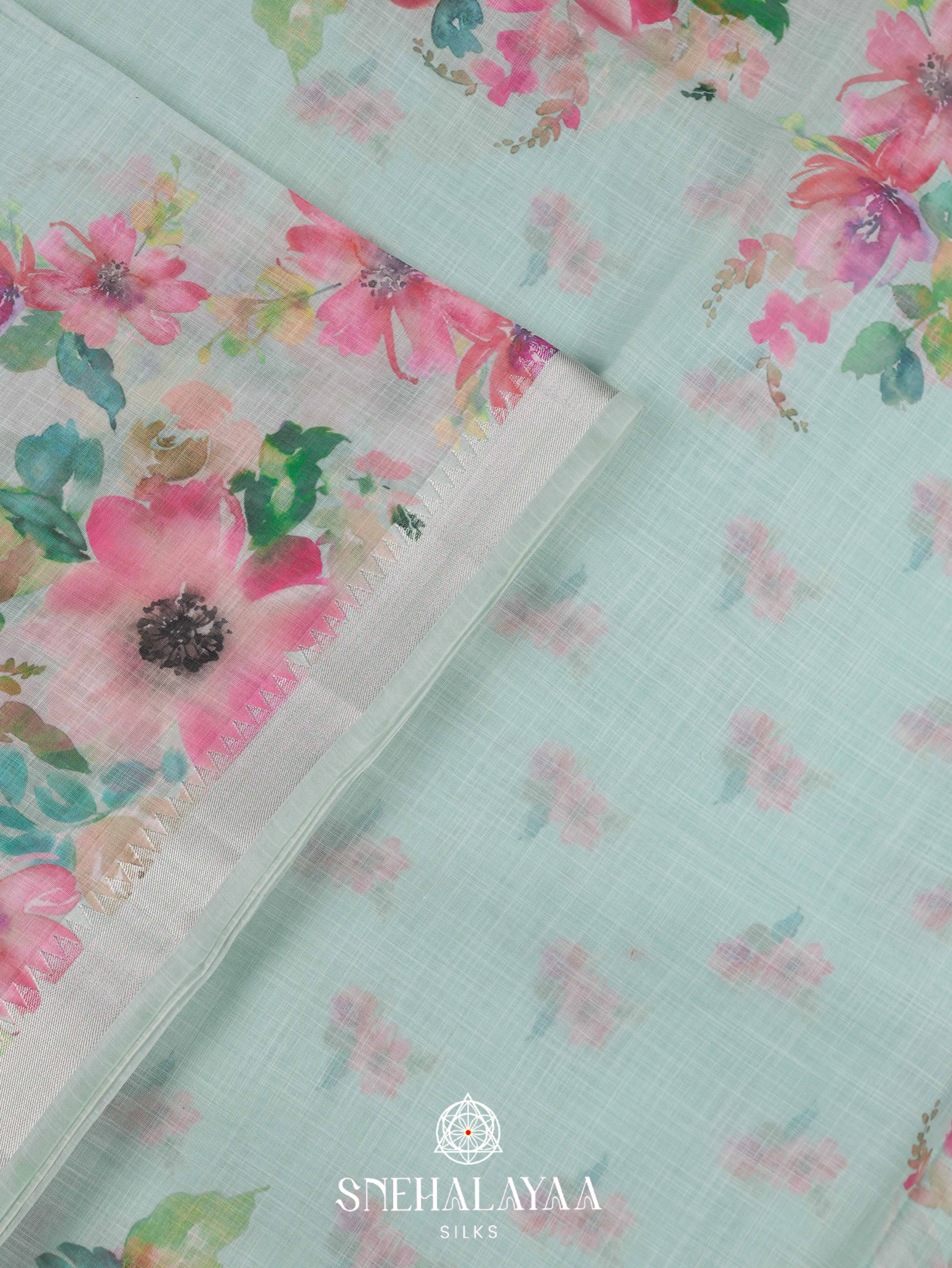 Mint Blue Printed Linen Saree