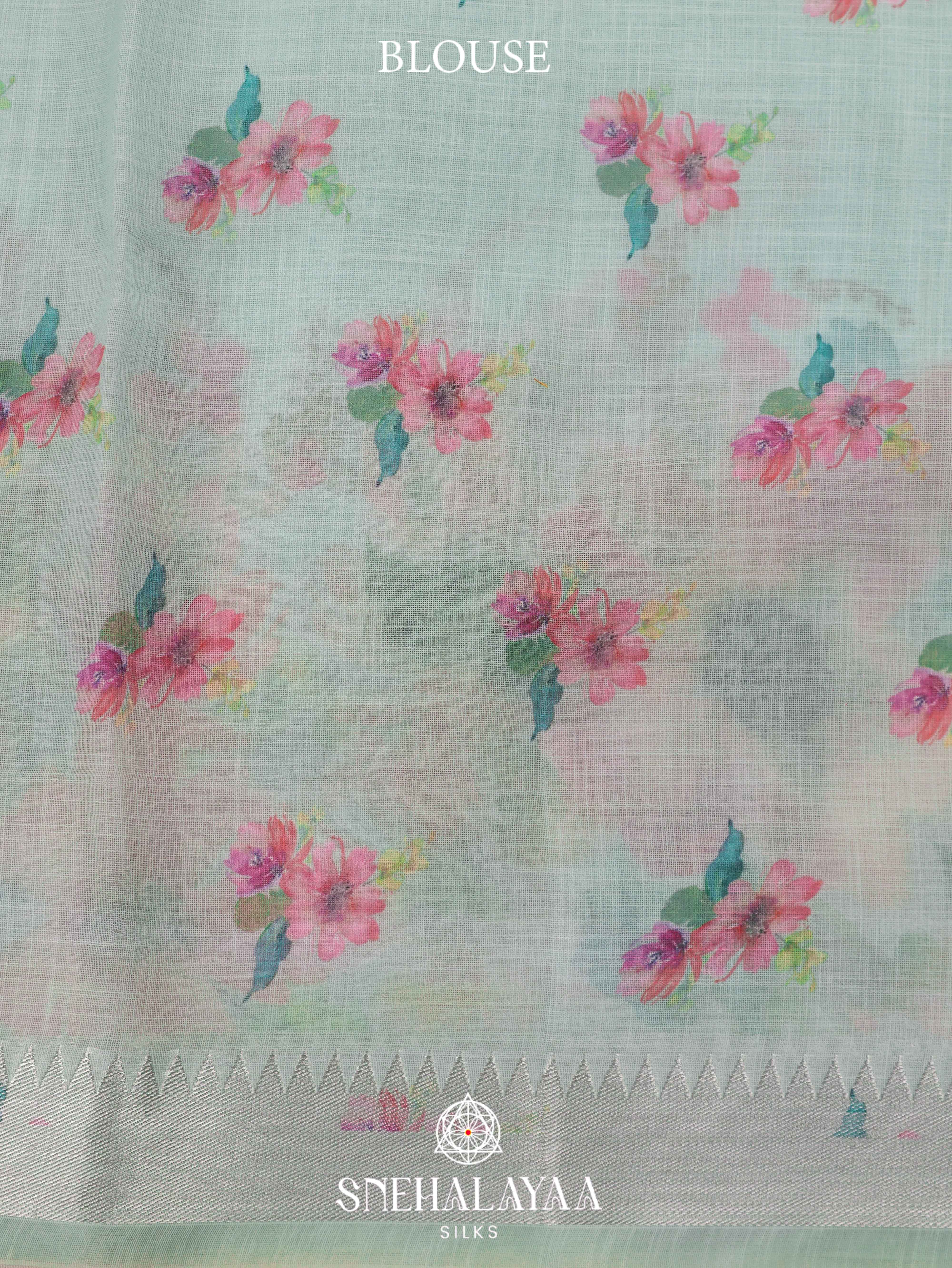Mint Blue Printed Linen Saree