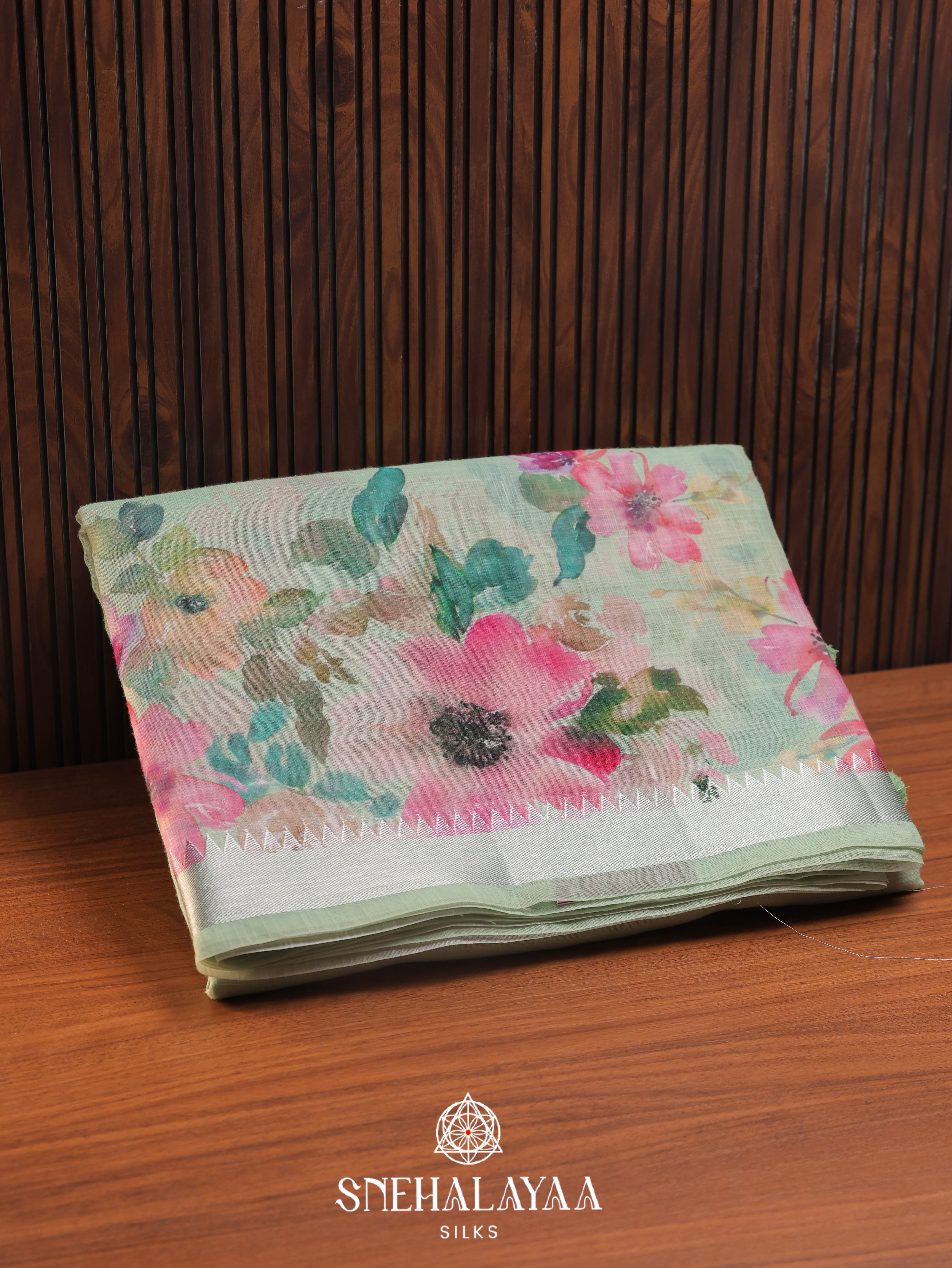 Pista Green Printed Linen Saree