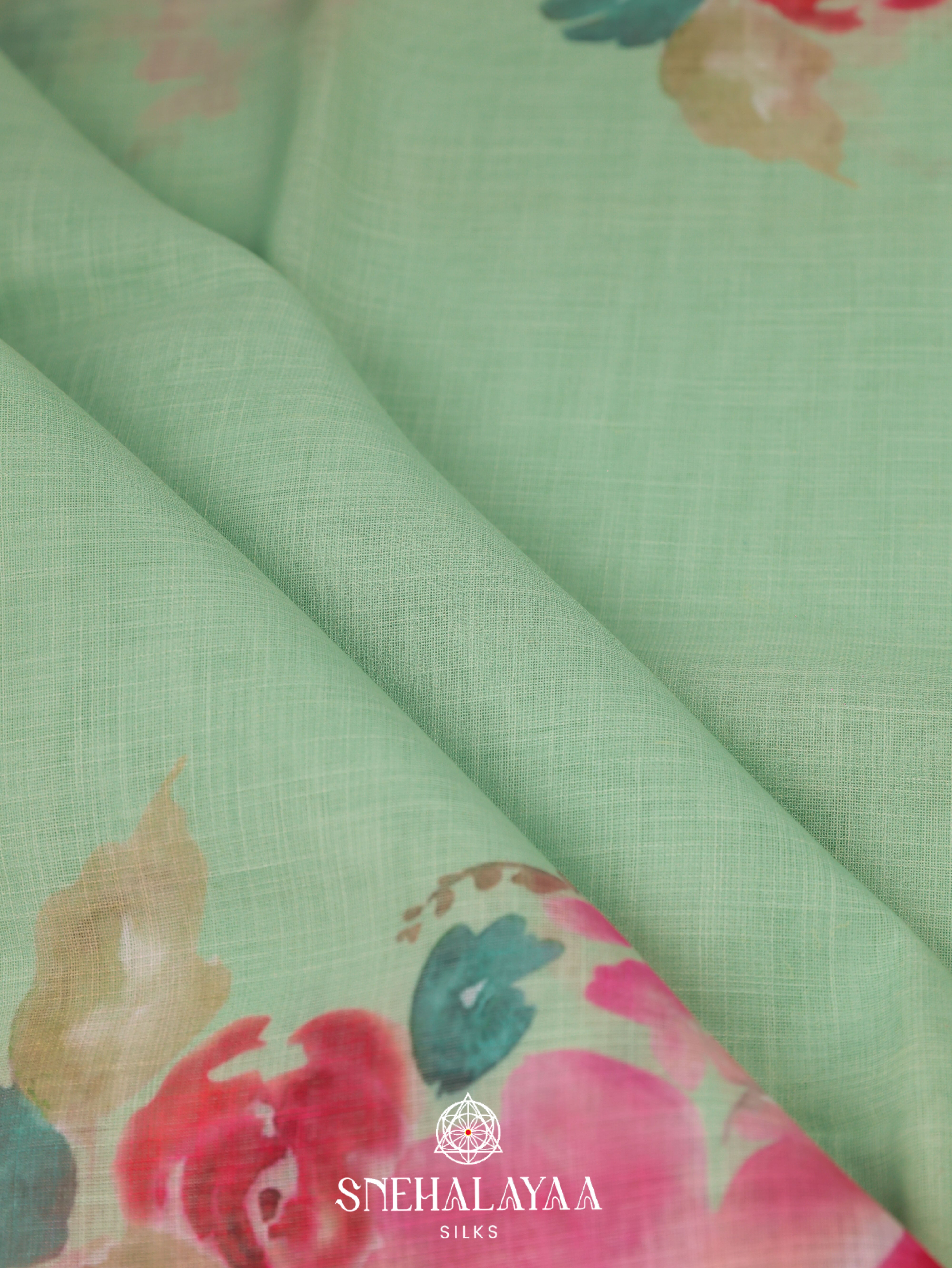 Pista Green Printed Linen Saree