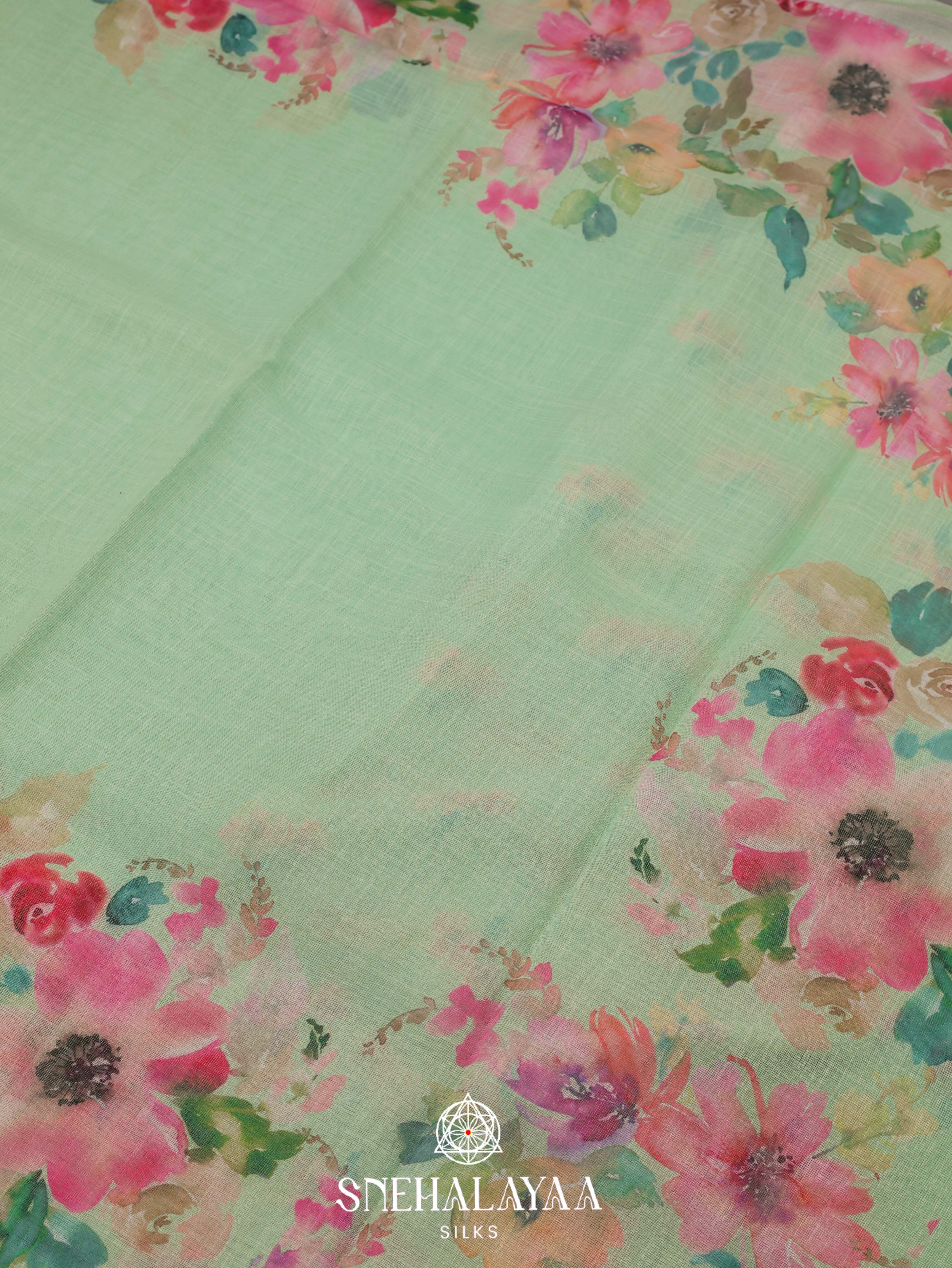 Pista Green Printed Linen Saree