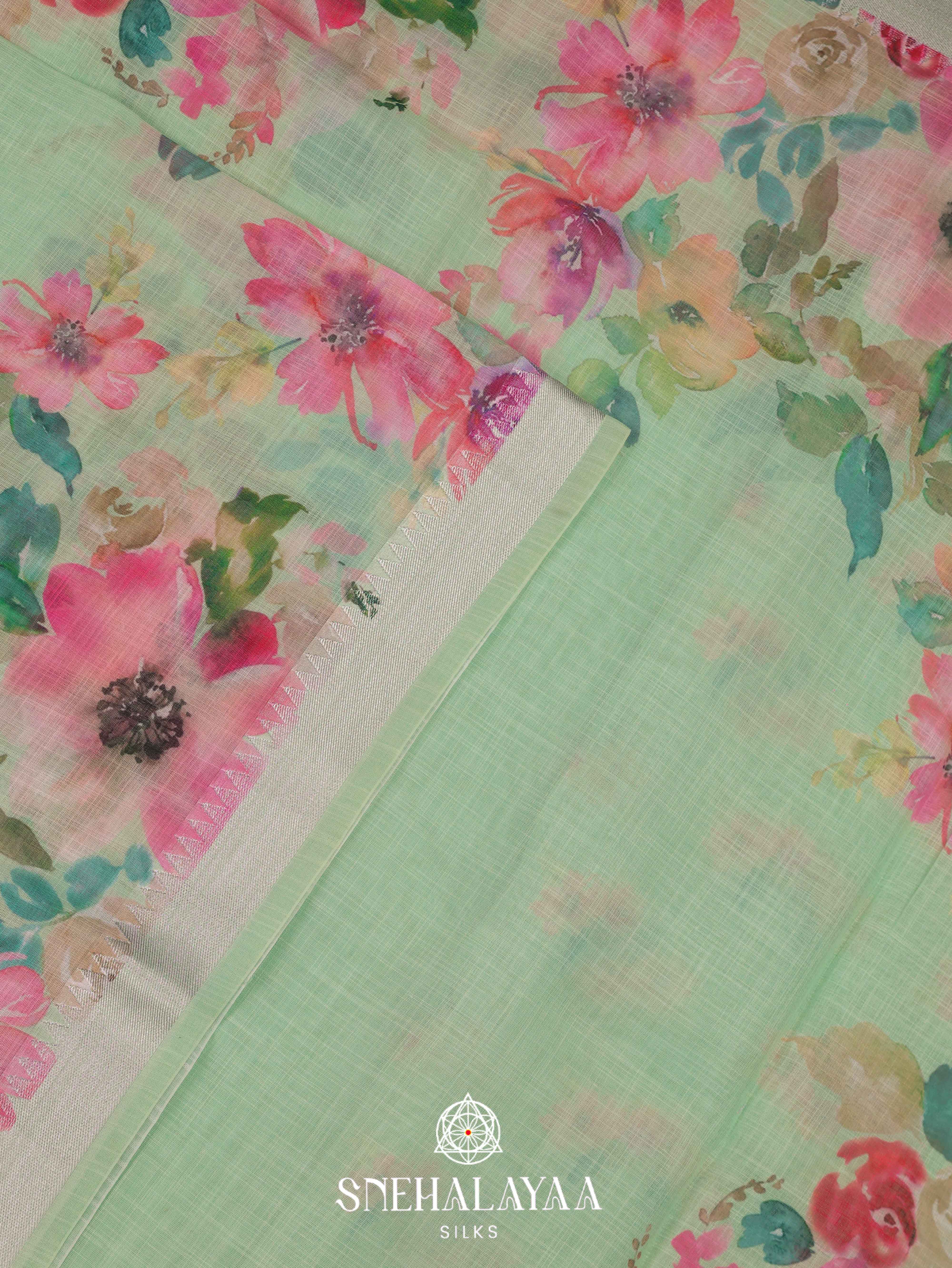 Pista Green Printed Linen Saree