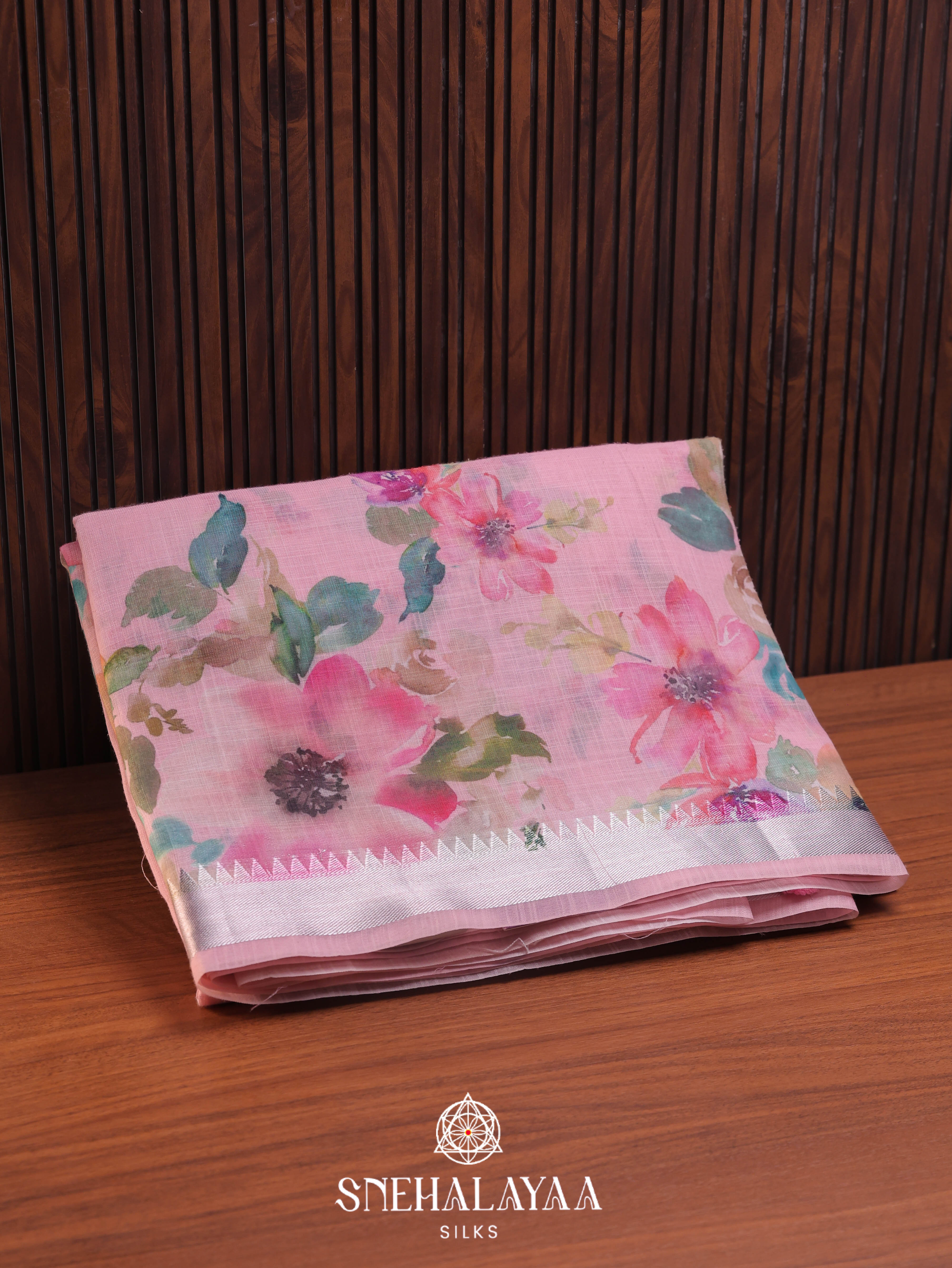 Pink Printed Linen Saree
