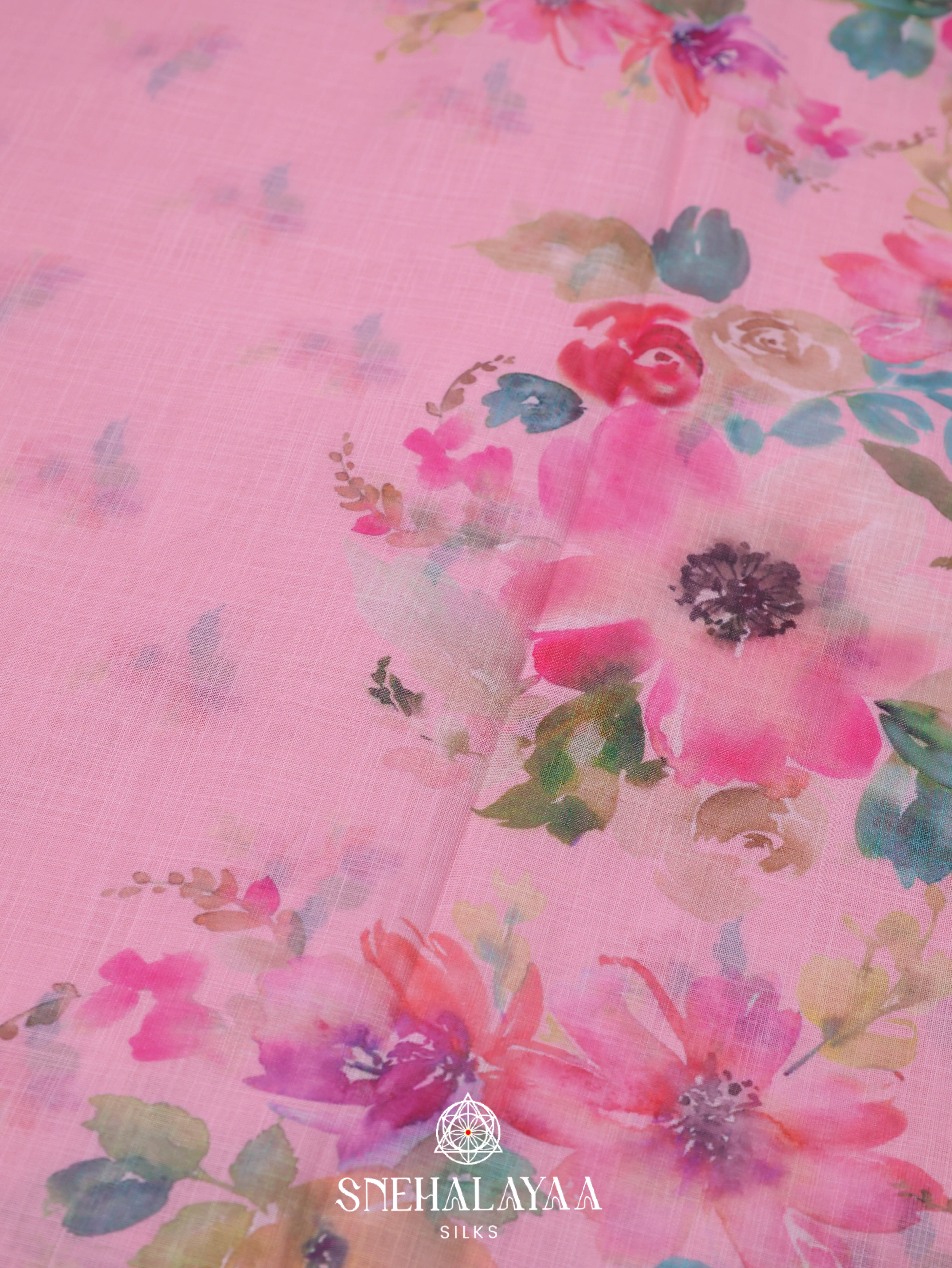 Pink Printed Linen Saree