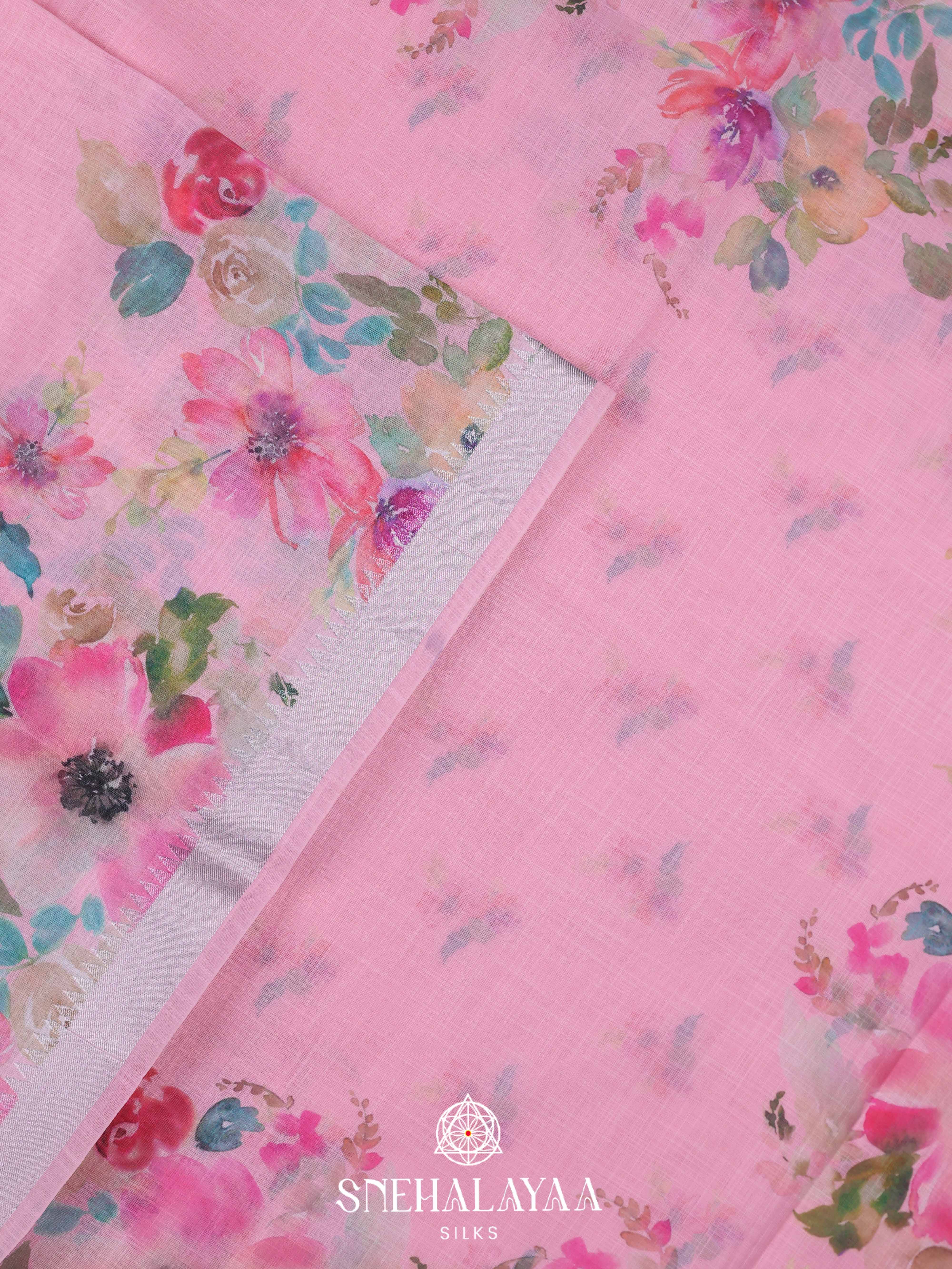 Pink Printed Linen Saree
