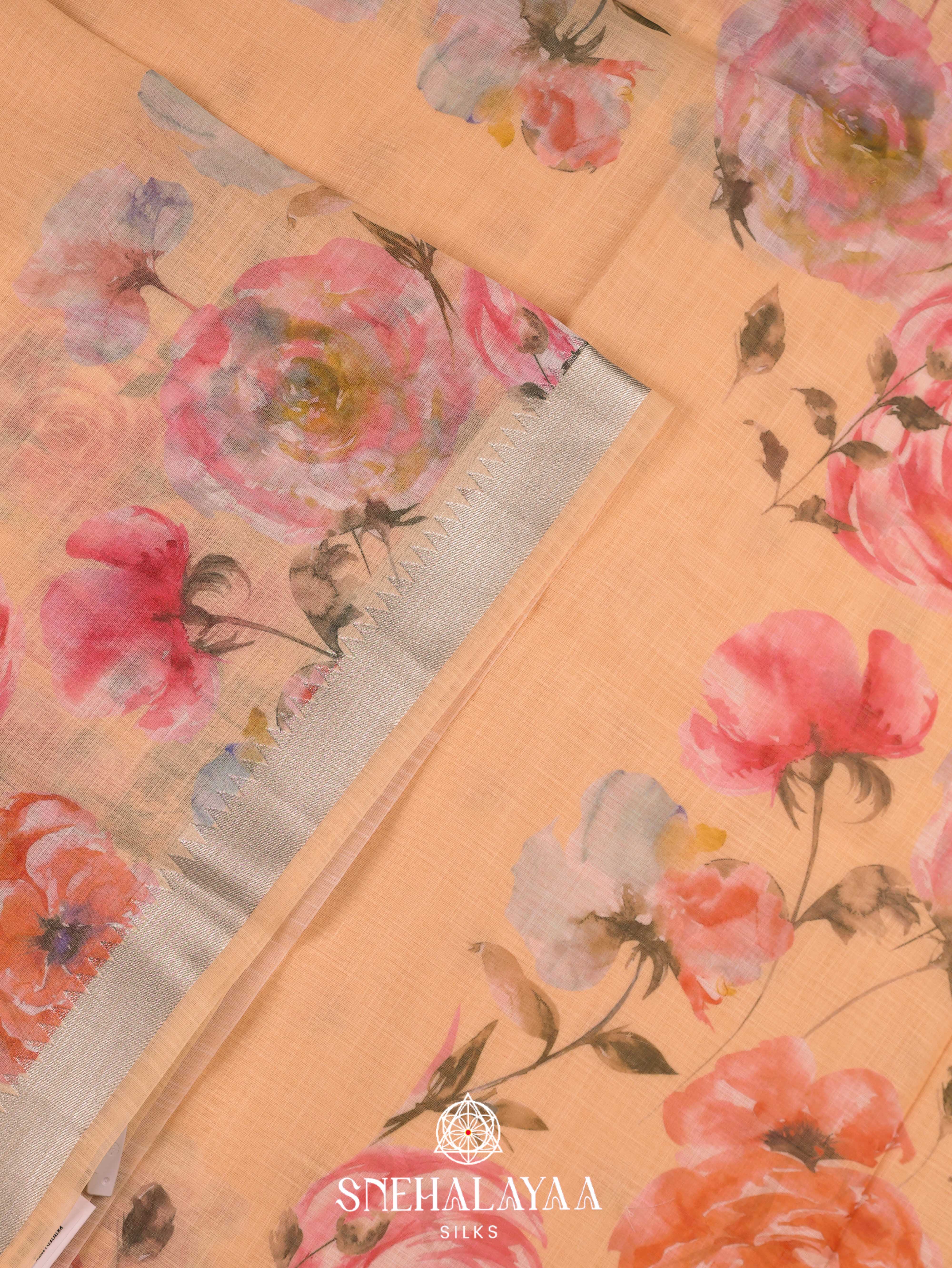 Yellow Printed Linen Saree