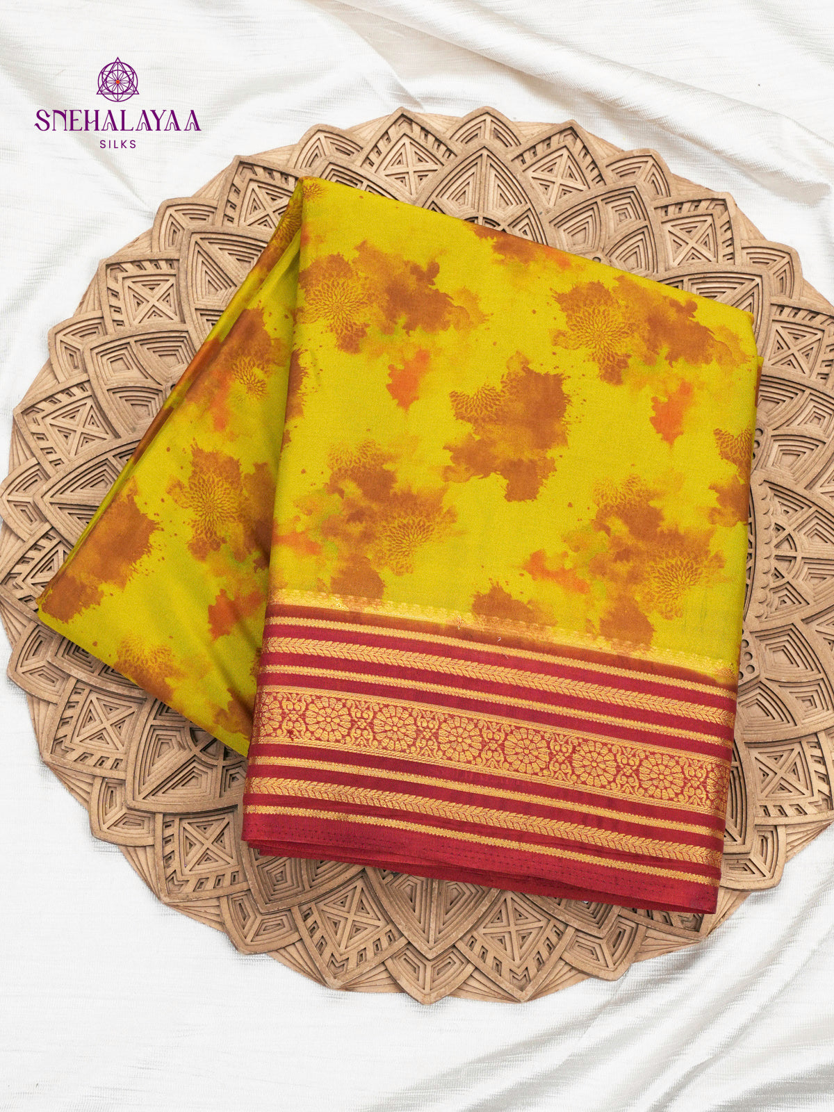 Yellow Printed Mysore Silk Saree