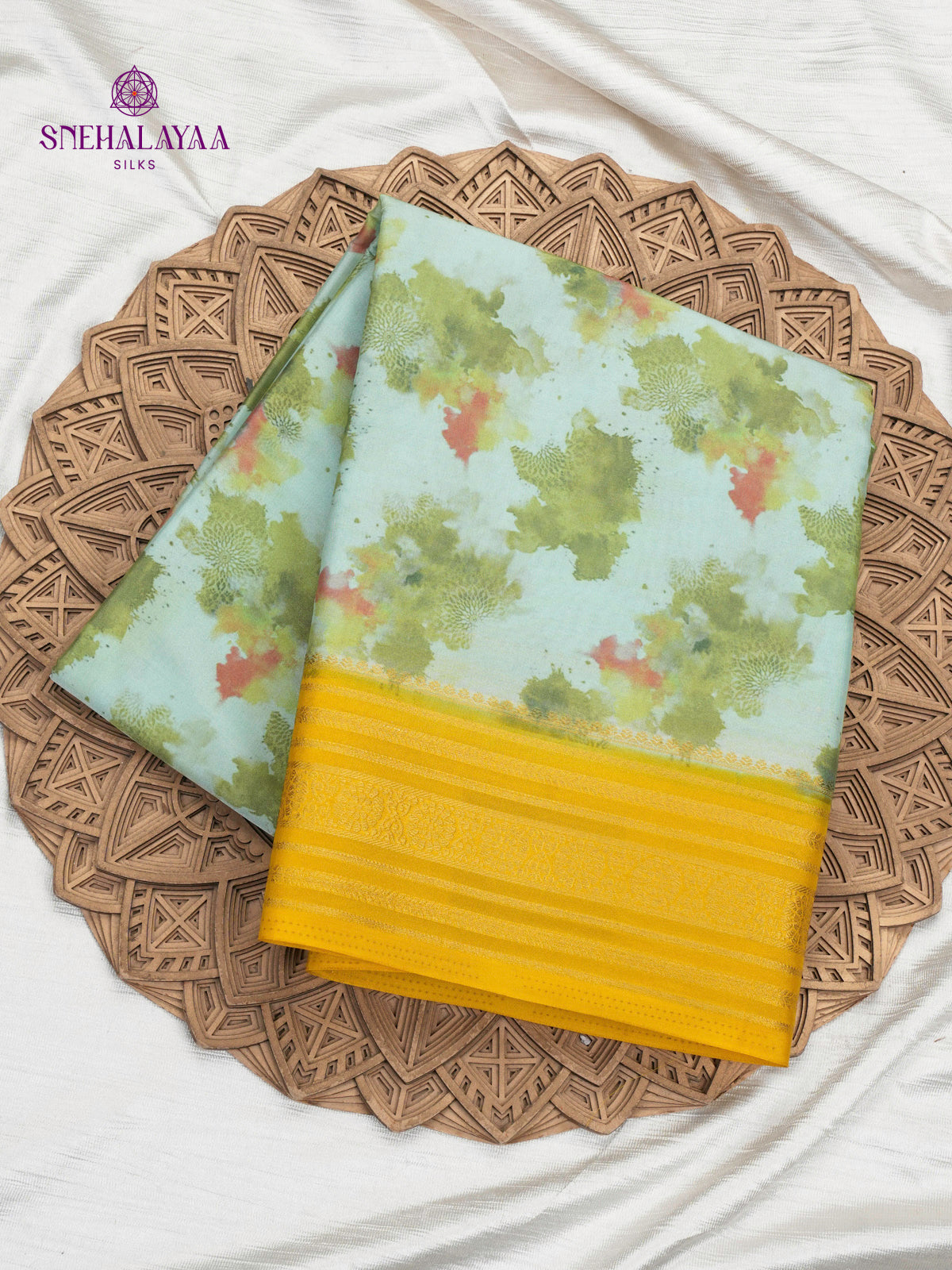 Pale Green Printed Mysore Silk Saree