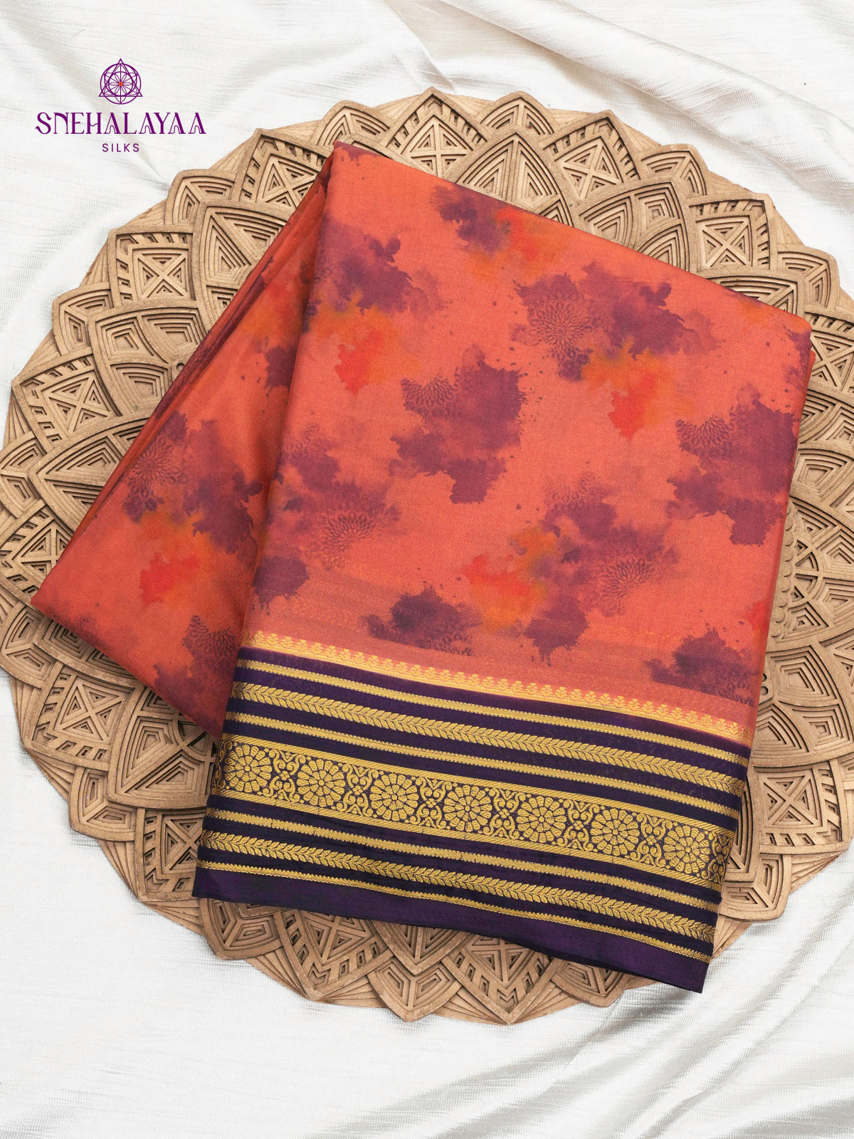 Coral Red Printed Mysore Silk Saree