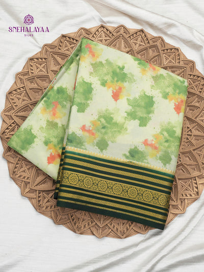 Off White Printed Mysore Silk Saree