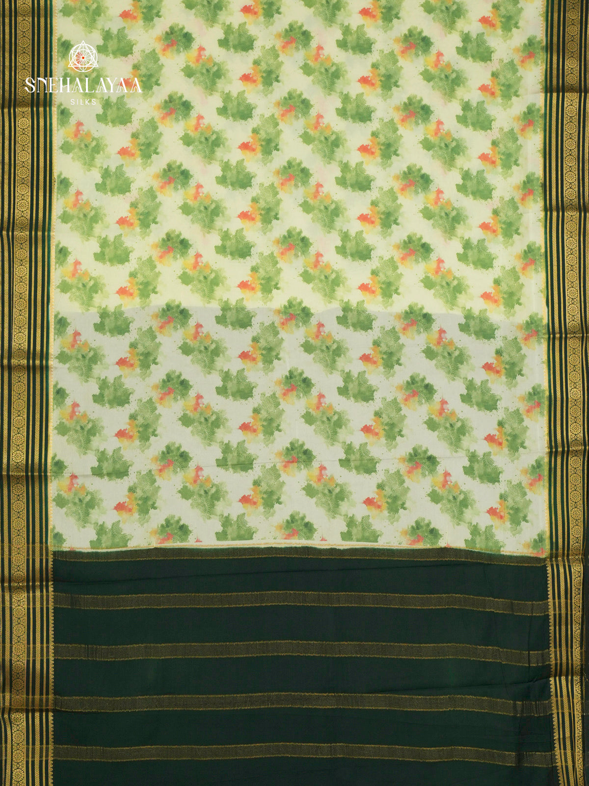 Off White Printed Mysore Silk Saree