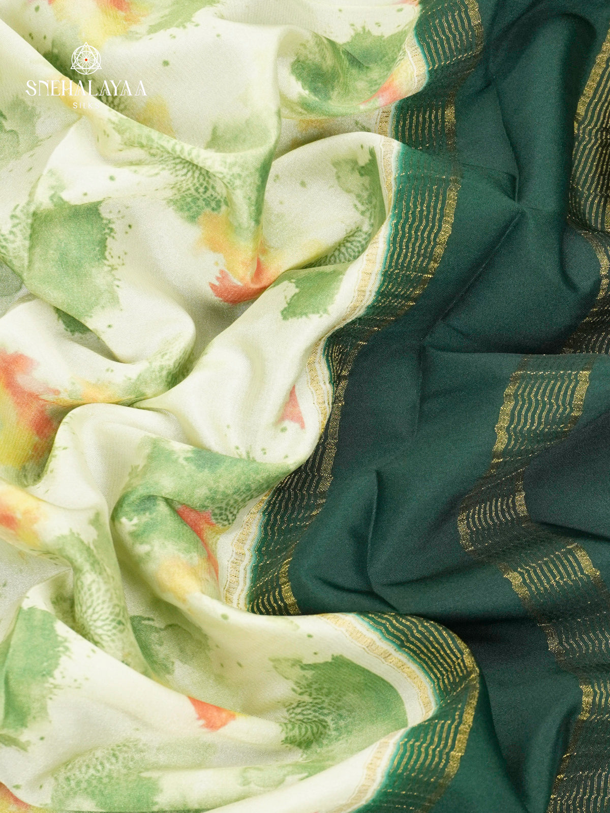 Off White Printed Mysore Silk Saree