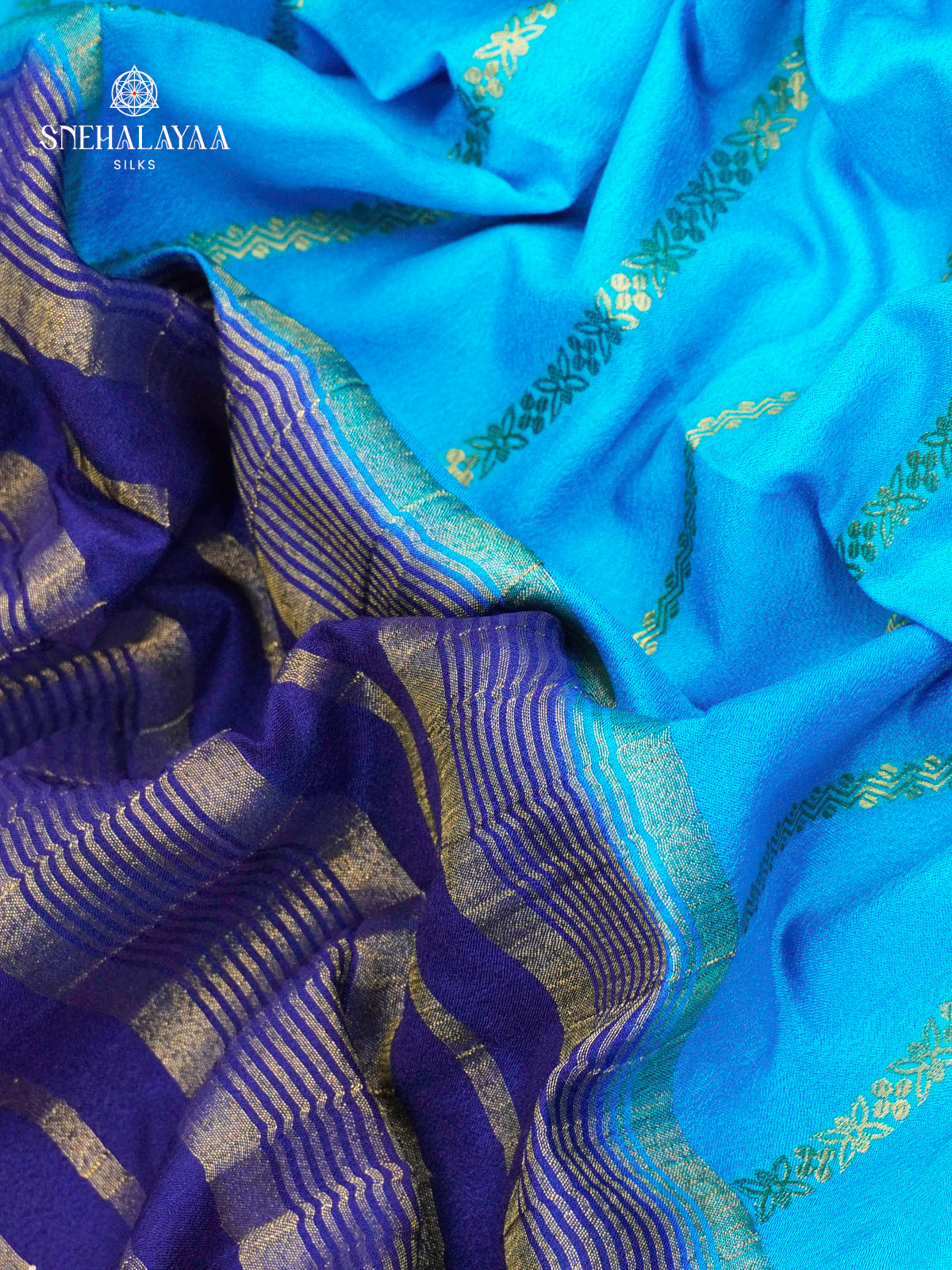 Sky Blue Printed Mysore Silk Saree