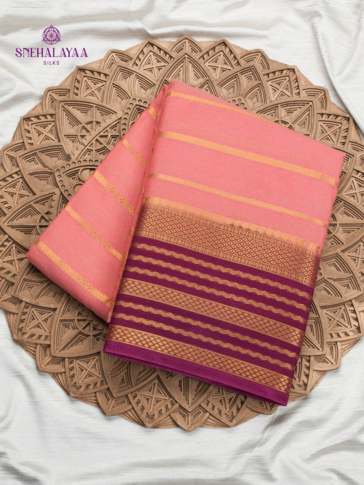 Pale Pink Printed Mysore Silk Saree