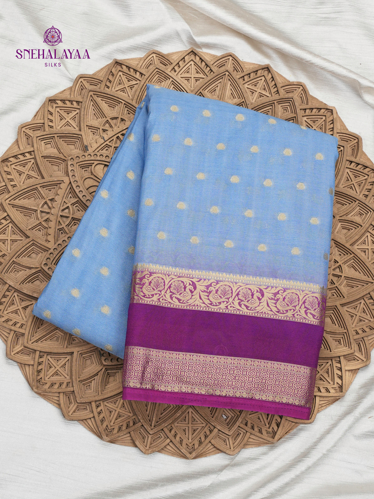 Ocean Blue Printed Mysore Silk Saree