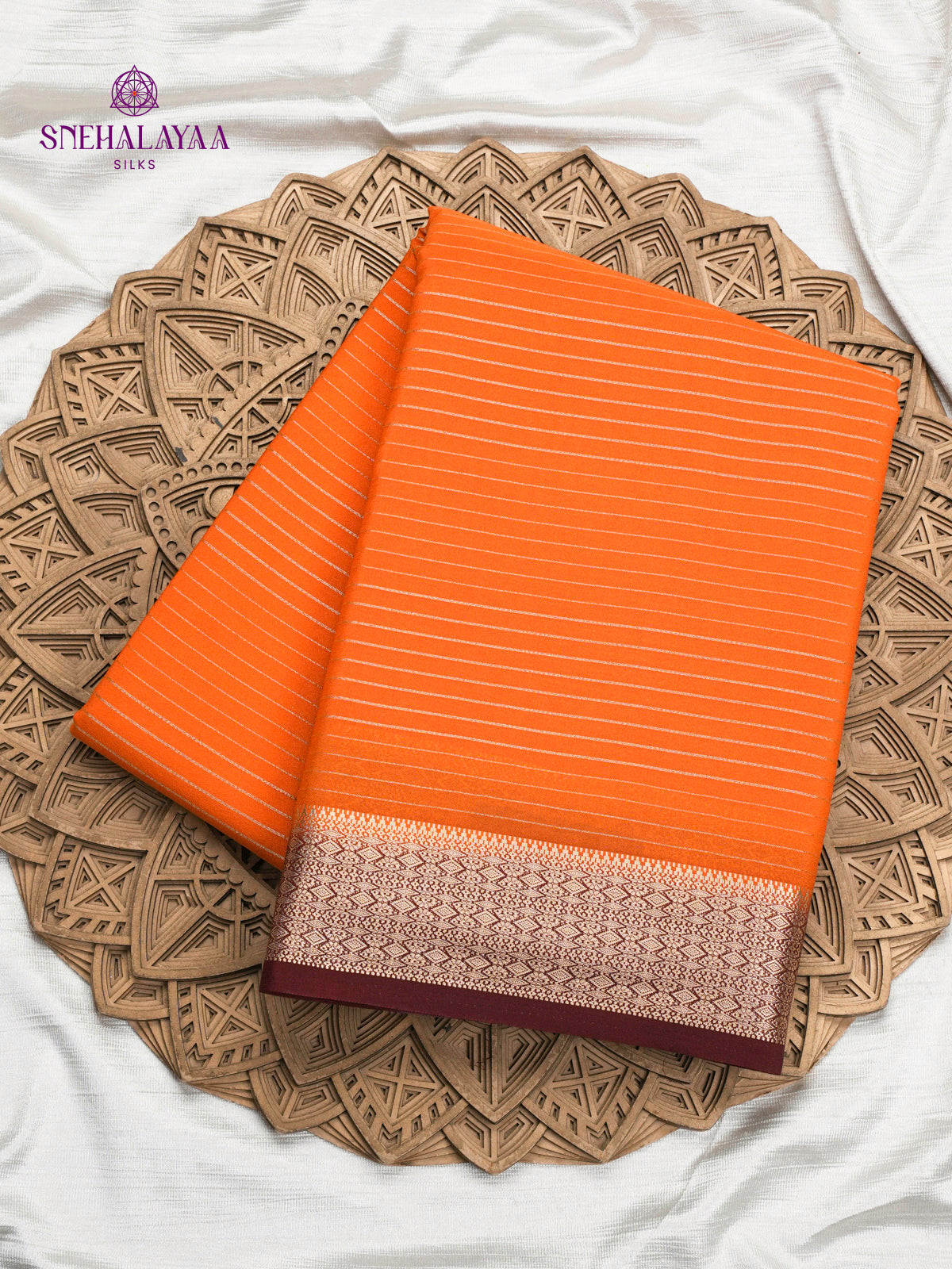 Rust Orange Printed Mysore Silk Saree
