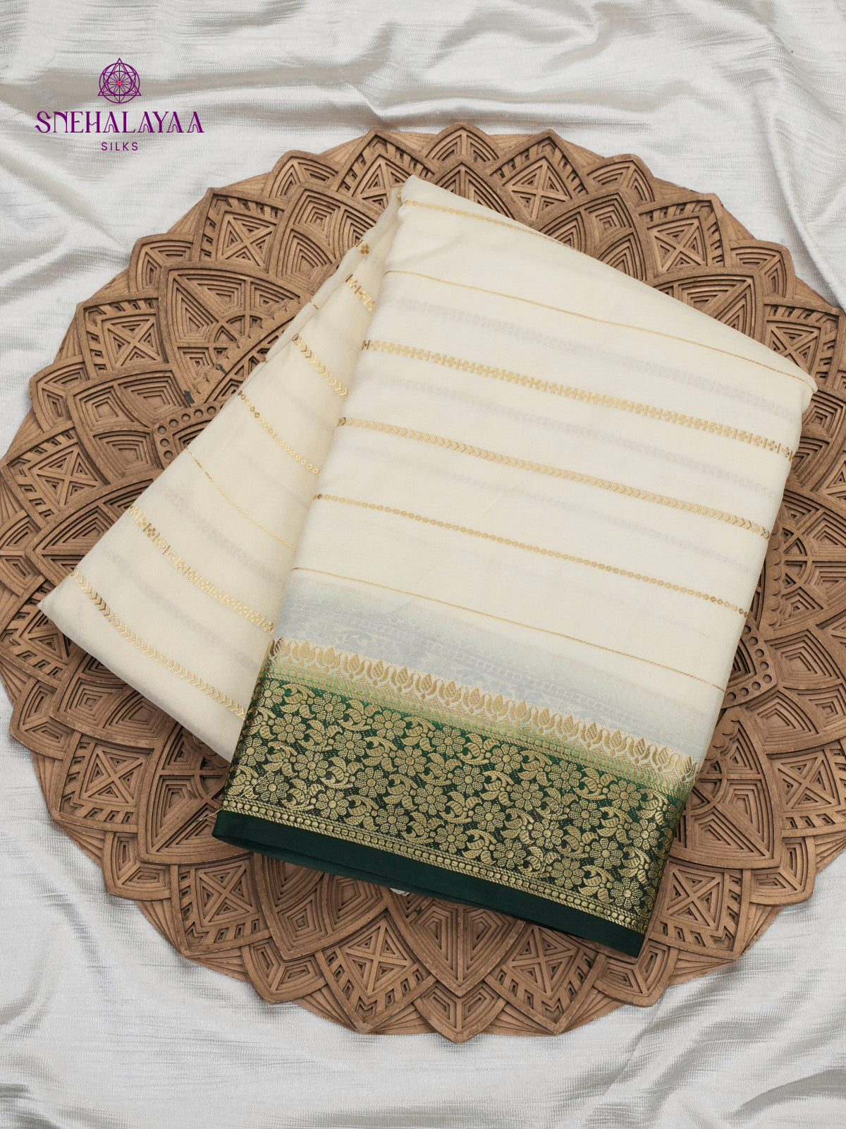 White Printed Mysore Silk Saree