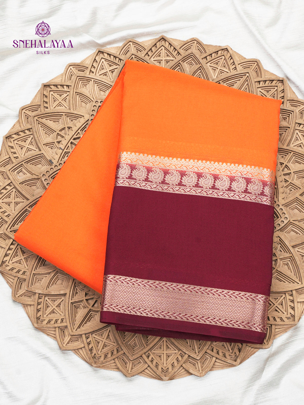 Rust Orange Printed Mysore Silk Saree