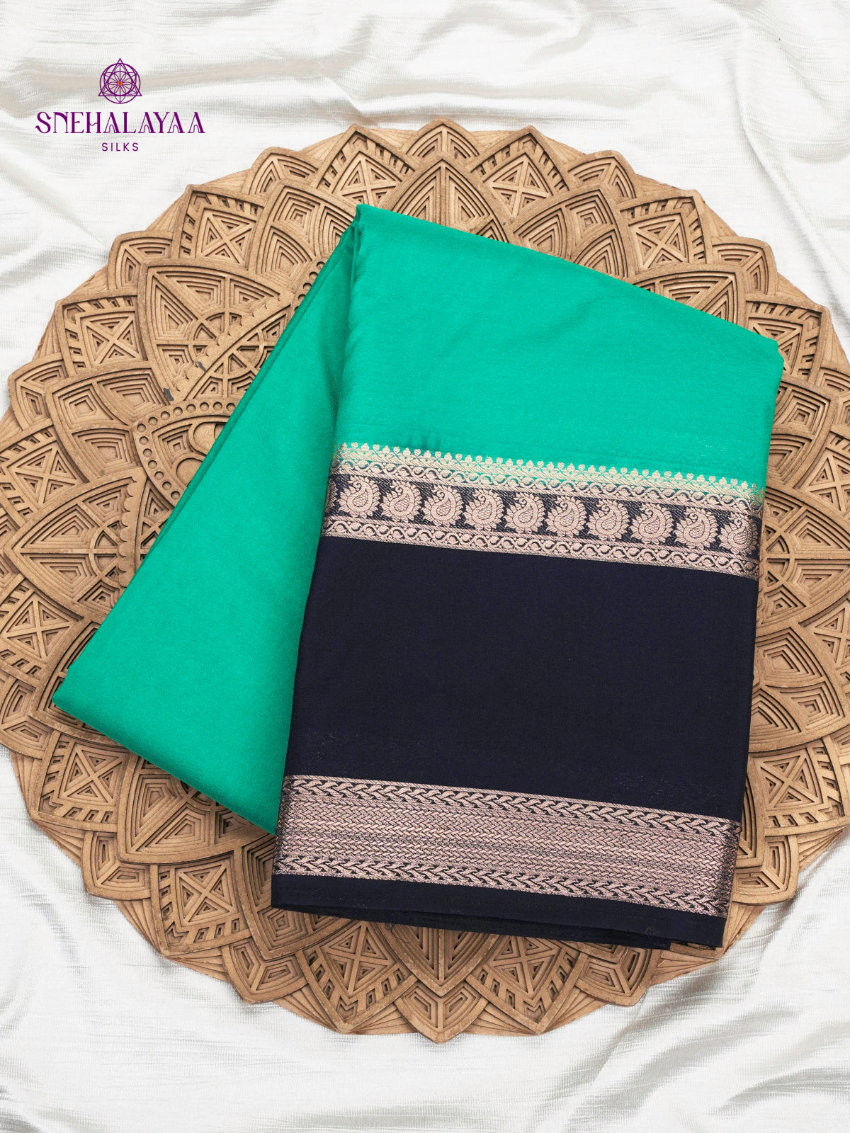 Teal Green Printed Mysore Silk Saree