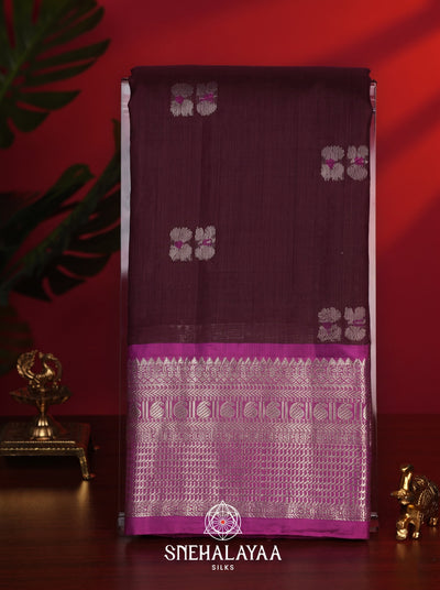 Wine Kanchi Kora Silk Saree with Magenta Zari Border