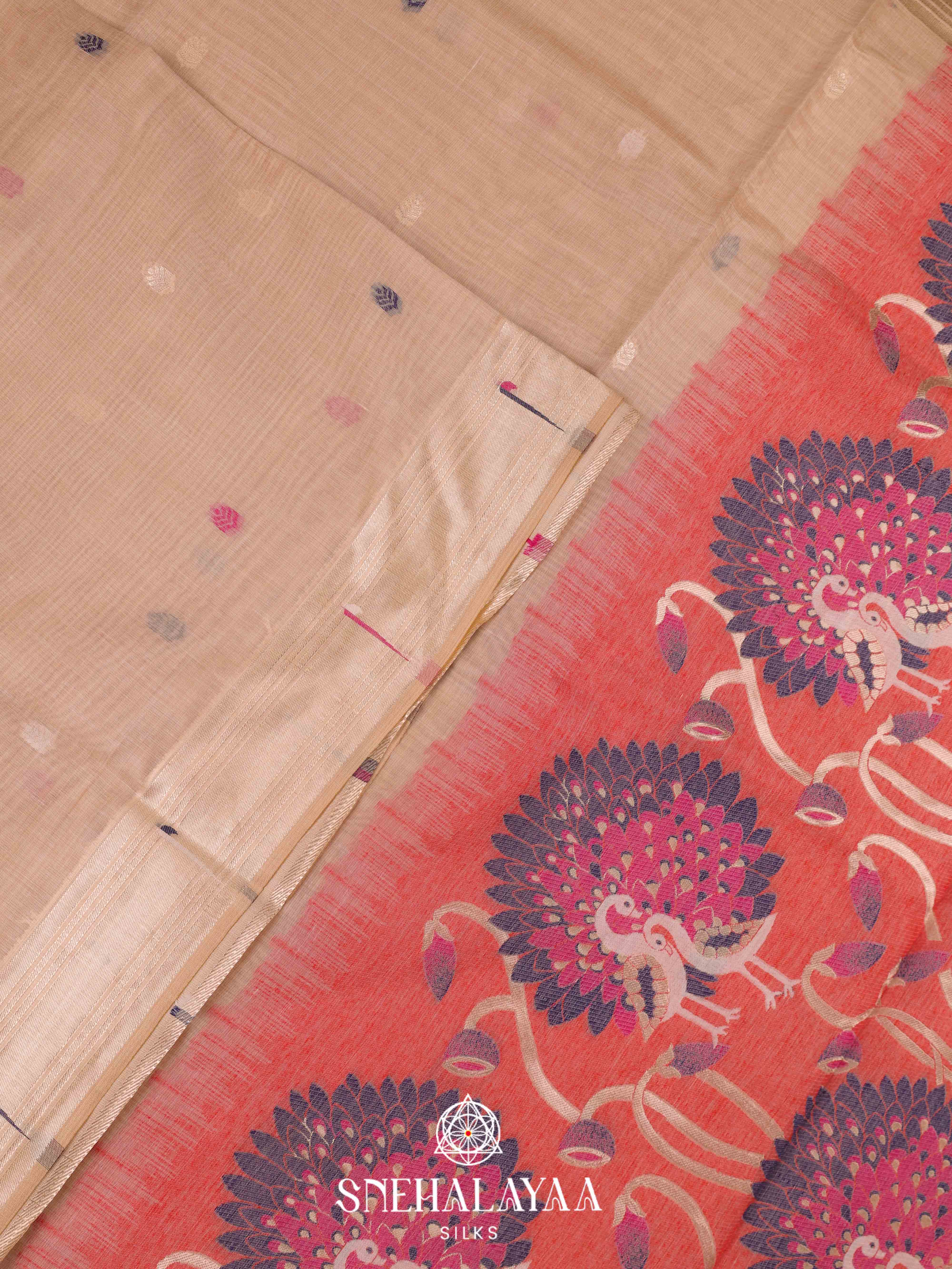Soft Beige Munga Cotton Saree