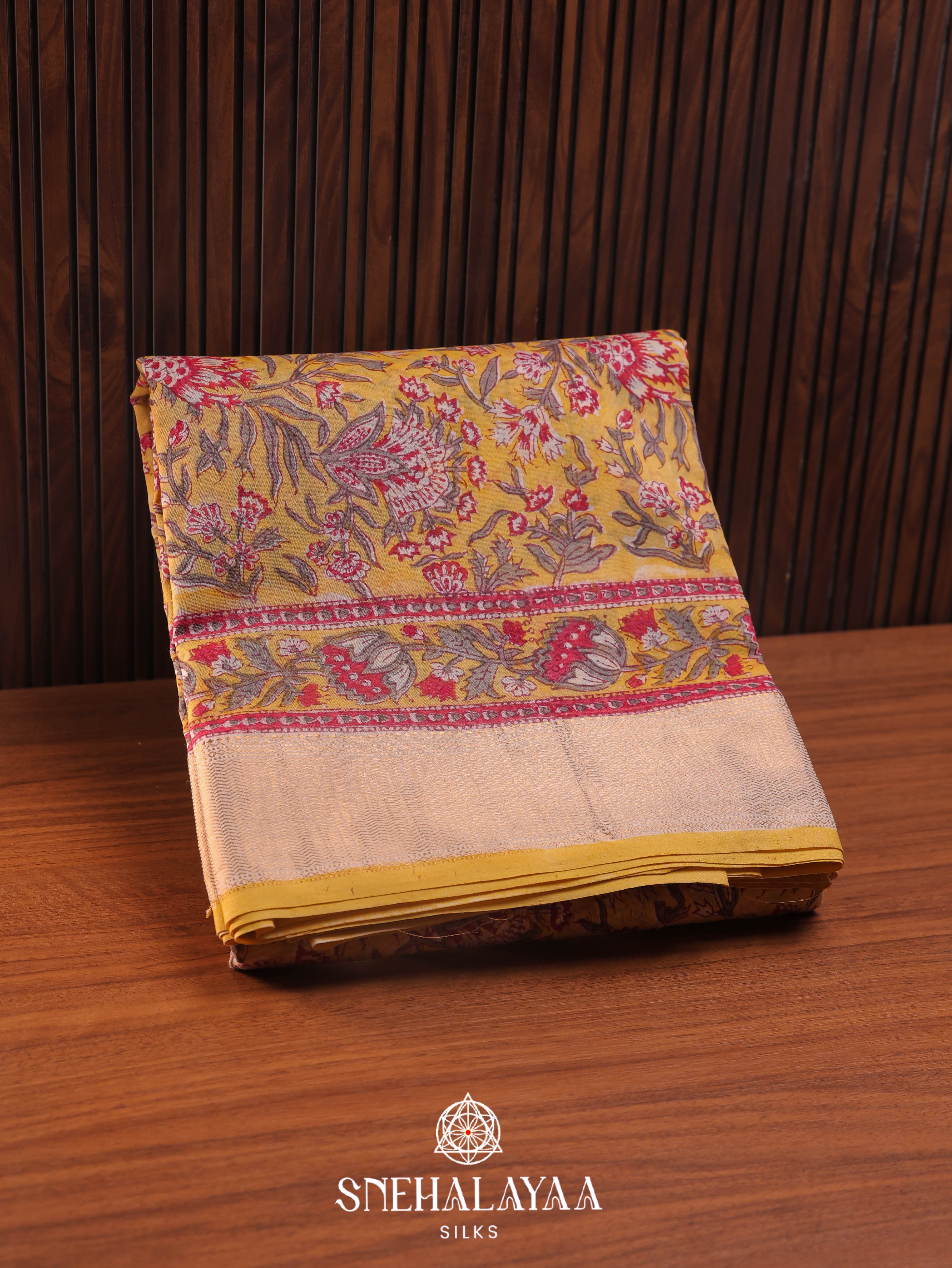 Yellow  Printed Maheshwari Silk Cotton Saree
