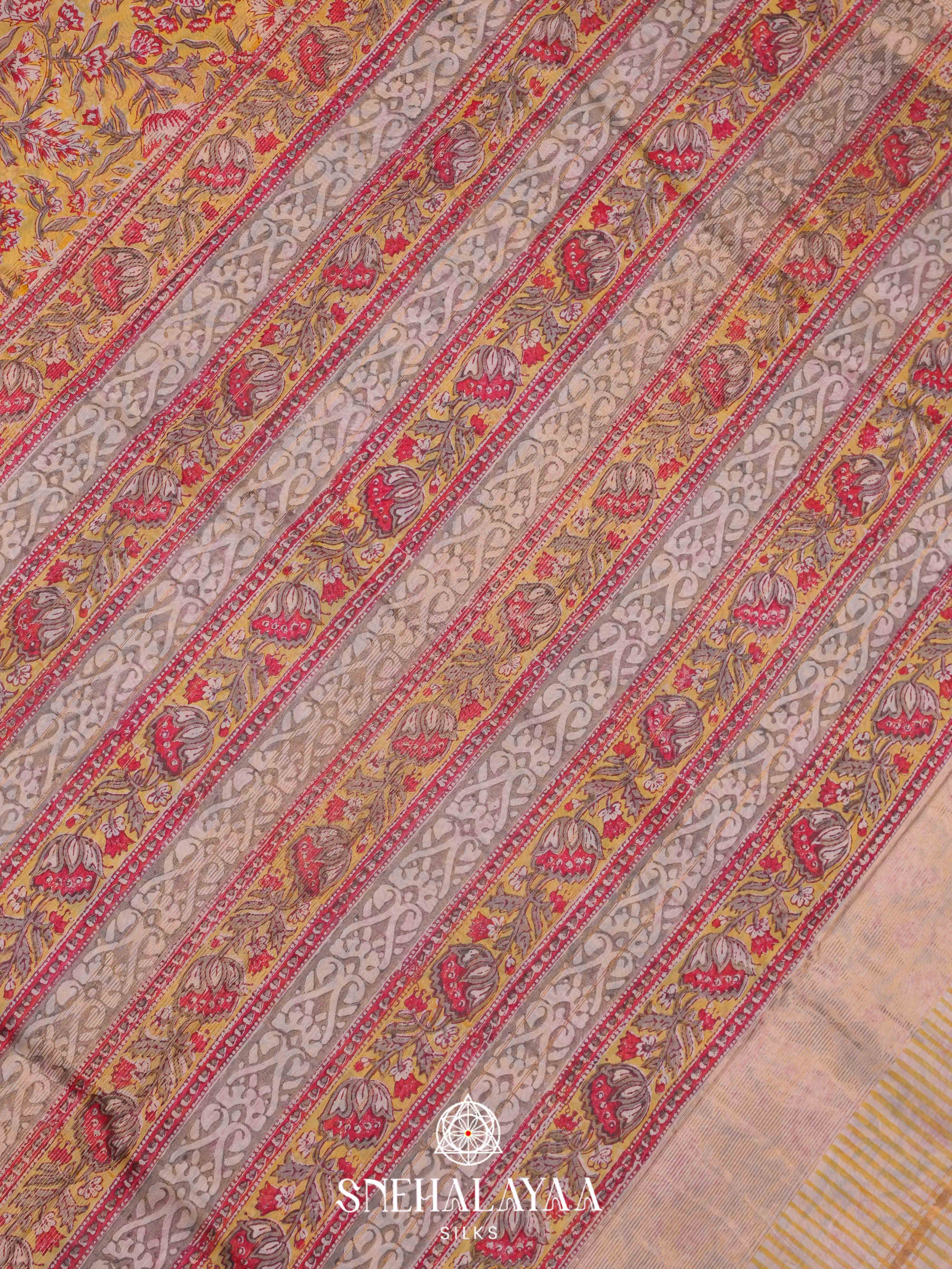 Yellow  Printed Maheshwari Silk Cotton Saree